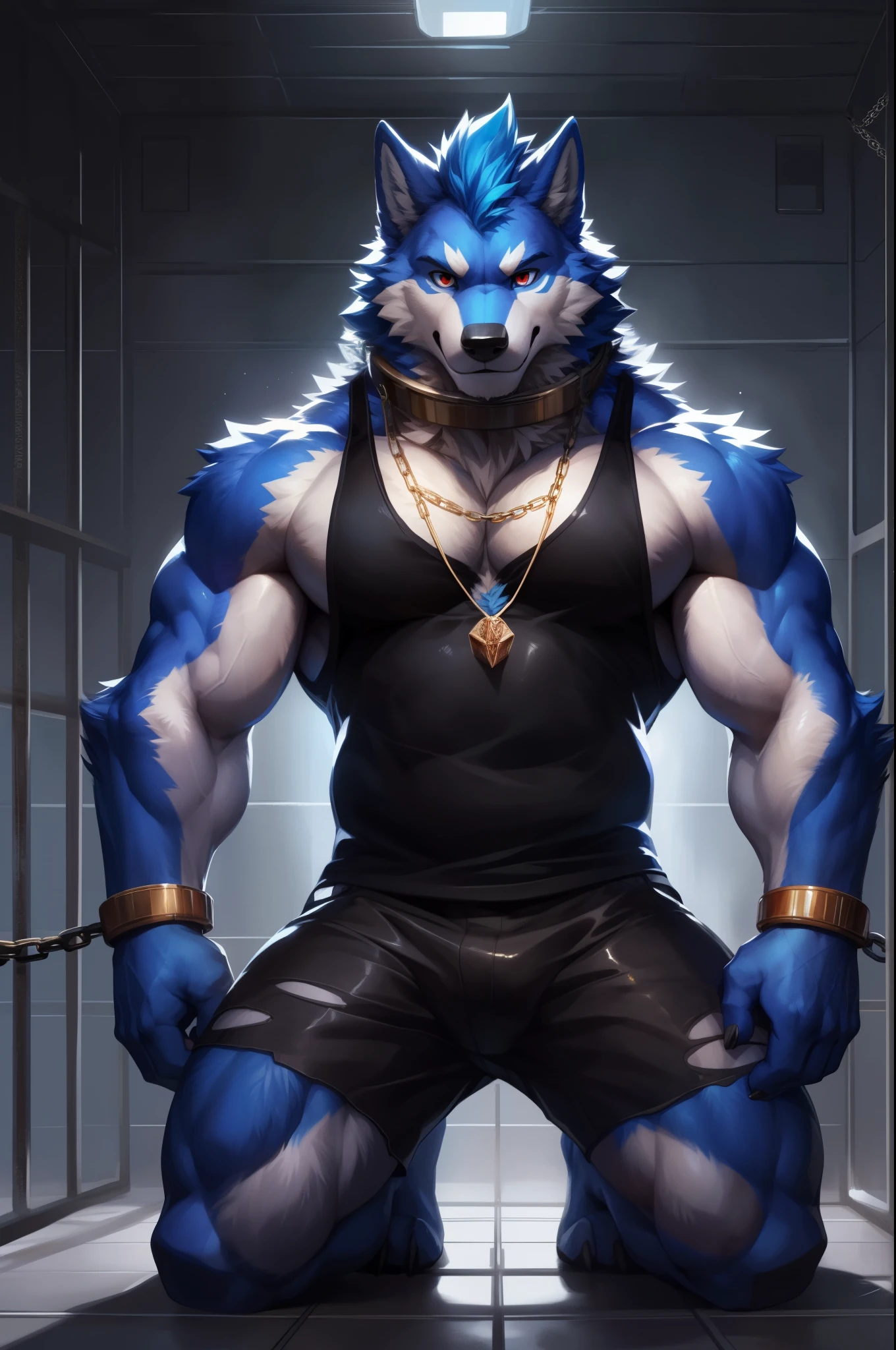 deathwolf, (kneeling:1.1), (bound with rope, rope, restricted with rope:1.5), 4k, high resolution, best quality, posted on e621, solo, anthro body, male, adult, very masculine, (very muscular, very defined muscles, strong pectorals, large pecs, muscular arms, muscular legs, muscular neck, heavyweight:1.1), correct anatomy, (forest background:1.1), (night, stars:1.2), (by taran fiddler:1.0), (by wfa, by echin:0.5), (erect penis, balls:1.2), (detailed eyes:1.2), (detailed shading, photorealistic shading, masterpiece:1.2), confident, sly face, smile, eyes half shut, (looking at camera:1.1), (full body:1.1), black nipples