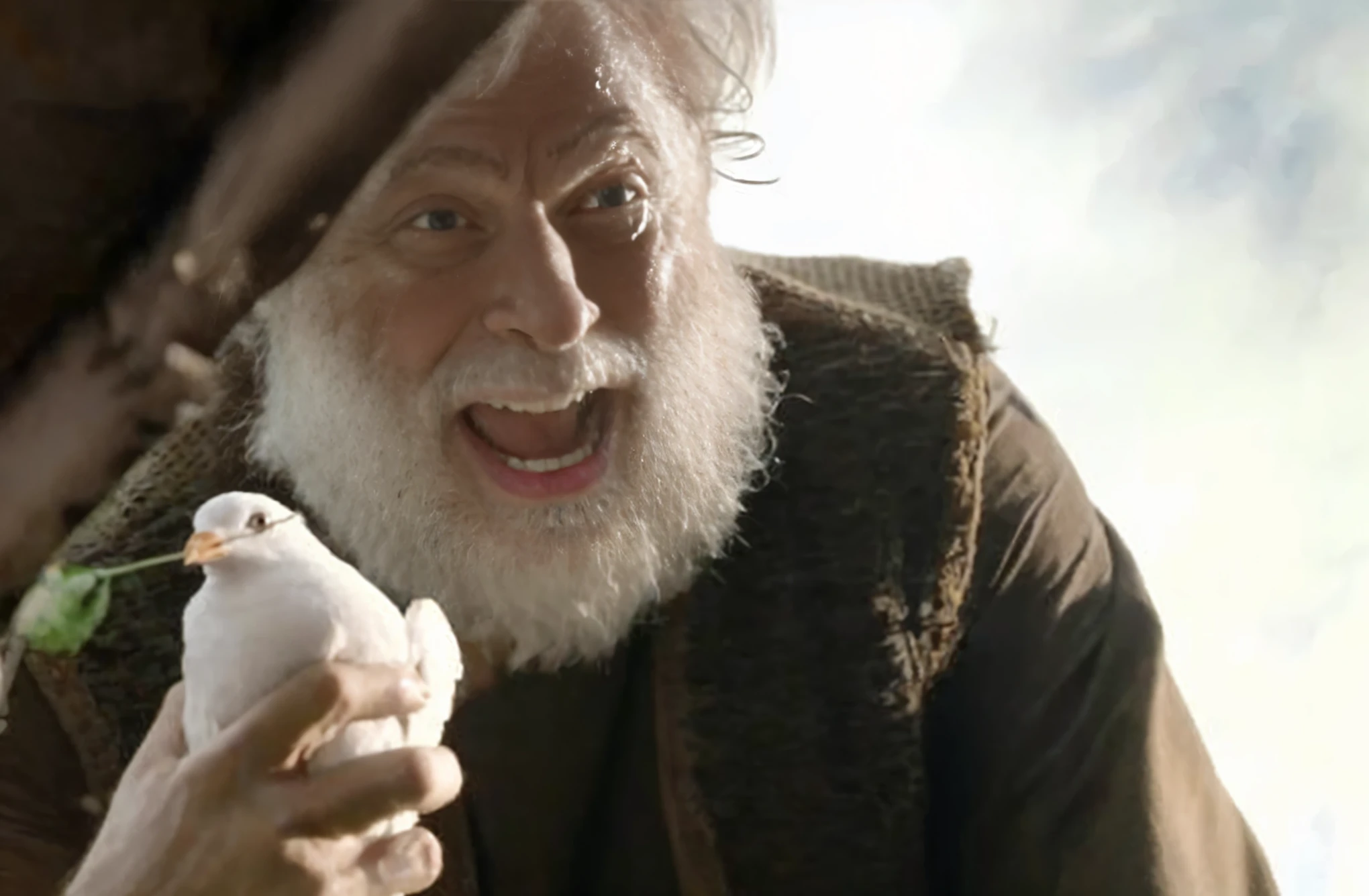 arafed man with a white beard and a white bird, gandalf attacks ancient athens, still from a live action movie, danny devito as a hobbit, gandalf from lord of the rings, sean connery as gandalf, gandalf, gandalf the white, christopher lloyd as belial, scene from live action movie, still shot from movie