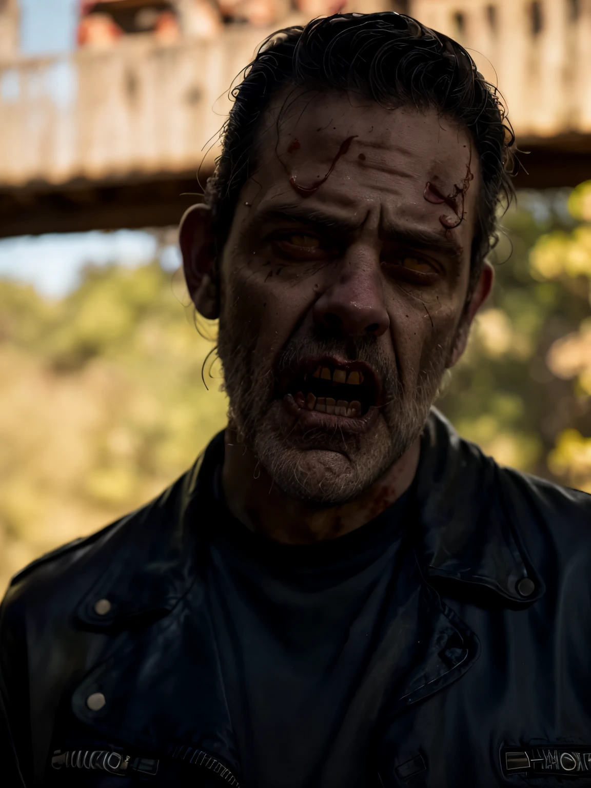 (masterpiece, best quality:1.2), ((RAW photo, Best quality)), (Realistic, photo-realistic:1.2) a zombie Negan from the Walking Dead character, black jacket, horror, creepy, night, (((White eyes))), angry. ((Pale or greenish skin)), hottinig Body, wounds, empty eyes, torn clothes, slow movements, guttural noises, aggressive and cannibalistic behavior. Cinematic lighting.