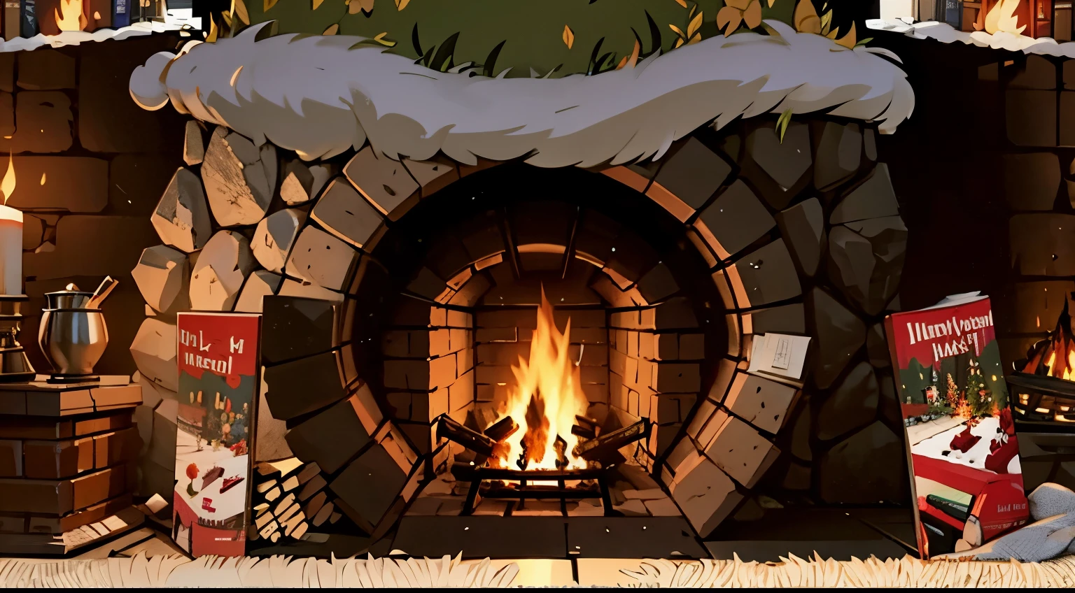 fireplace with christmas decorations and books on it in a room, irori fireplace, warm fireplace, fire place roaring, cosy fireplace, in fantasy tavern near fireplace, fireplace, in front of a fireplace, immensely detailed scene, hyper detailed scene, campfire background, highly detailed scene, rendered in the unreal engine, roaring fire, close up camera on bonfire level, rendered in unrealengine