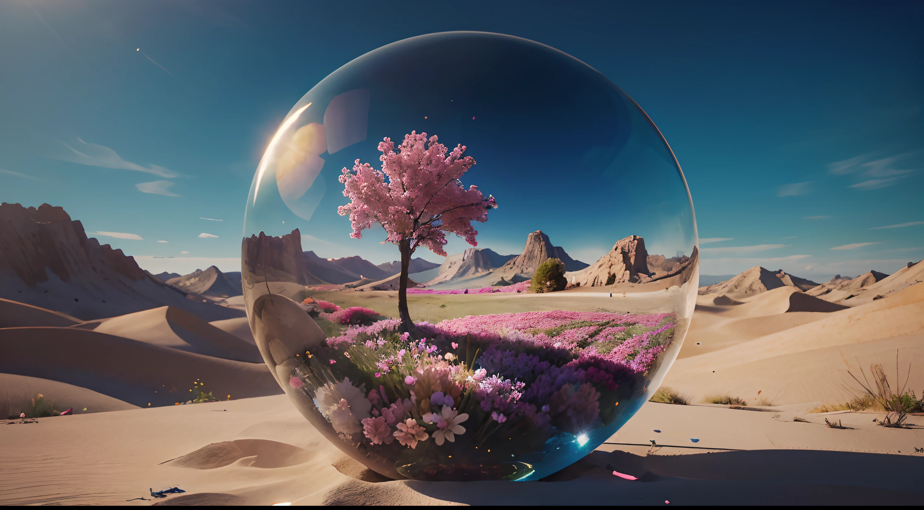 glass ball full of flowers, In the style of a surreal dream-like image, truth, vibrant illustrations, Photorealistic landscapes, flowerpunk