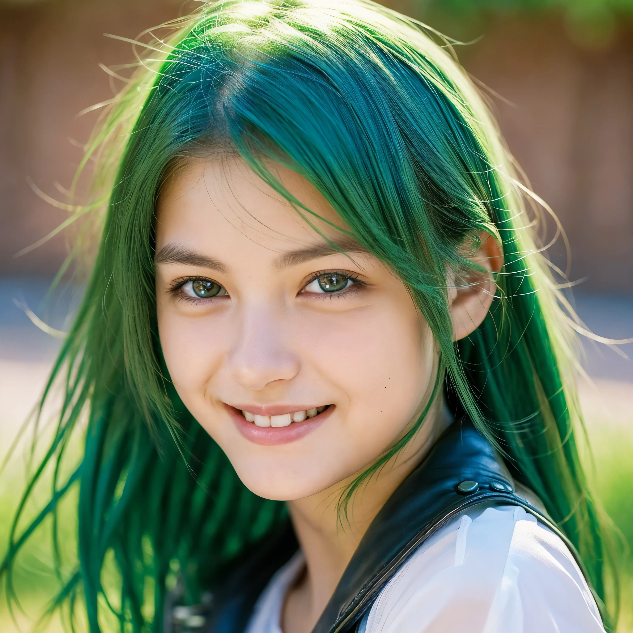 Portrait photo of a young girl 18 years old, (A slight smile on his face), textured leather, green realistic hair, mother, portrait, Perfect eyes, (outside during the day in the sun)