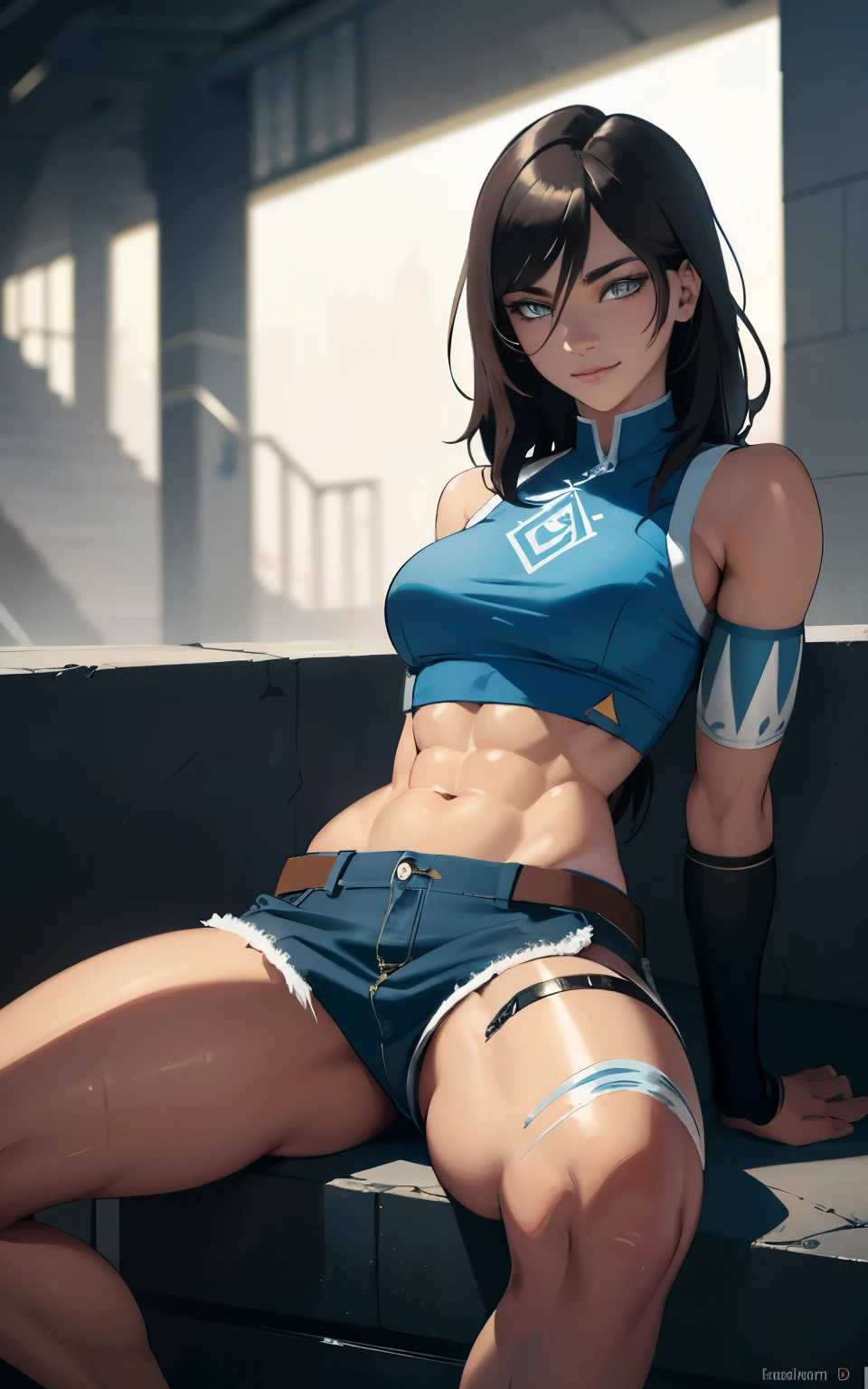 Zendaya as Korra, sitting seductively on some stairs, ripped jeans revealing toned legs, tight tank top, upshirt, ((pulls up her shirt revealing abs)), slightly muscular, Beautiful realistic waifu style girl, hyperdetailed painting, luminism, art by Carne Griffiths and Wadim Kashin concept art, post-apocalyptic background, abstract beauty, approaching perfection, pure form, golden ratio, minimalistic, dark atmosphere, unfinished, concept art, intricate details, 8k post production, high resolution, hyperdetailed, trending on artstation, sharp focus, studio photo, intricate details, highly detailed, by artgerm, seductive expression, sultry eyes, alluring pose, teasing smile, suggestive glance, subtle sensuality, provocative posture, irresistible charm, confident aura, captivating presence, hypnotic gaze, tantalizing demeanor, enchanting appeal, mesmerizing attraction, magnetic personality, irresistible allure.