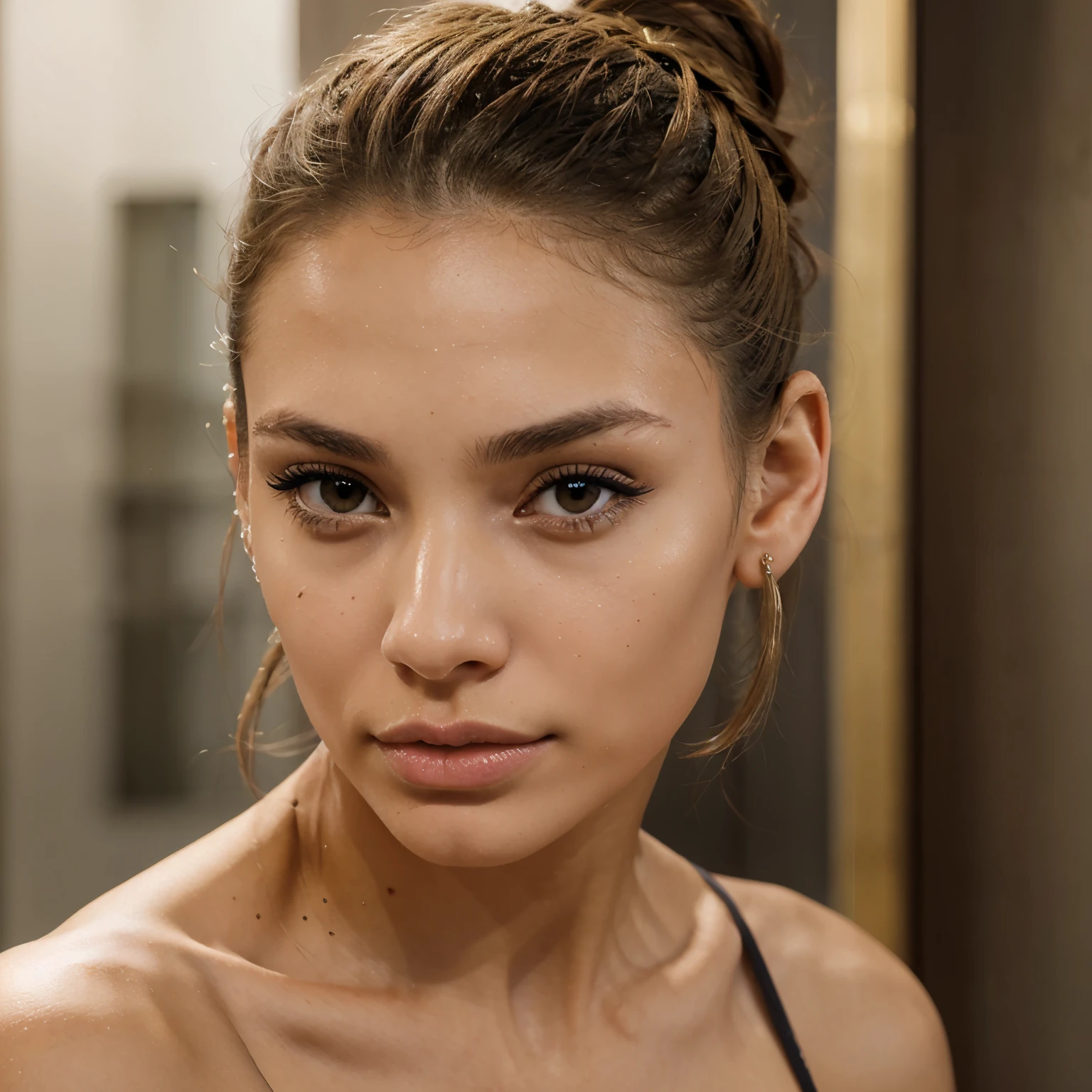 ((ultra realistic), ((master part)), ((circunstanciado)), rosto perfeito, olhos perfeitos, 20 anos, menina slim fit, Big Lips, grandes olhos negros, olhos perfeitos, circunstanciado eyes, luz natural, Noite, bunda grande, middle boobs, clivagem, usando top bonito, posar como supermodelo, sentado, cabelos curtos, cabelos pretos e magenta, criativo, Penteado Bun, sombras no corpo, cinematic lights
