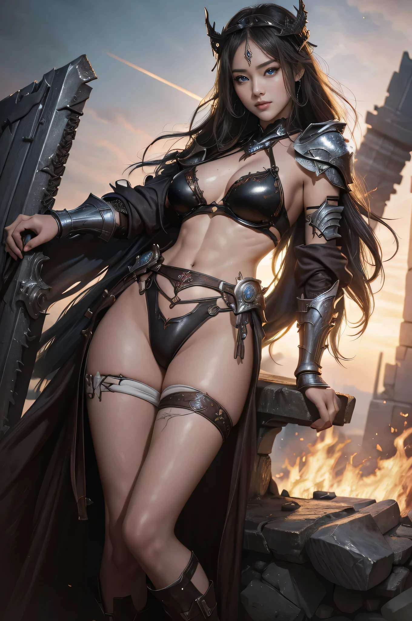 (( masterpiece : 1.2 )), ((8k res )), ((ultra-detailed , ultra realistic : 1.2)) ,clean images ,(( Portrait of a female queen half body wearing sexy dark armor ,ready for war , photo realistic , background : battleground, ruined city, blazing fire )) , colossal boobies , nice butt , nice thigh ,(( sexy bikini armor )) sexy knight , sexy succubus ,sexy wizard  , ((pretty asian face)) ,  pretty eyes  , ( sexy pose ) , seduced face , camera from below , seduced pose , dynamic pose .