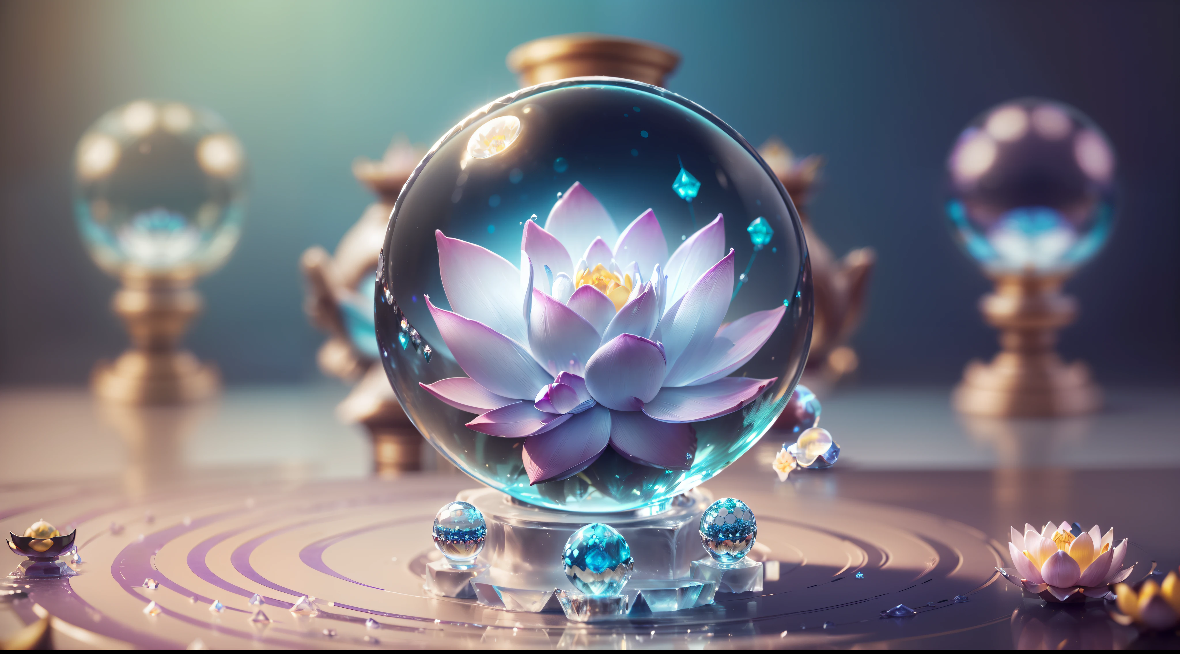 surreal、16K high resolution、(maximum sharp focus:1.3)、(maximum close up:1.5)、(Monocrystalline sphere with pedestal on table:1.5)、(big background bokeh、blue backlight:1.3) 、(lotus flower、icy、aqua:1.5)
