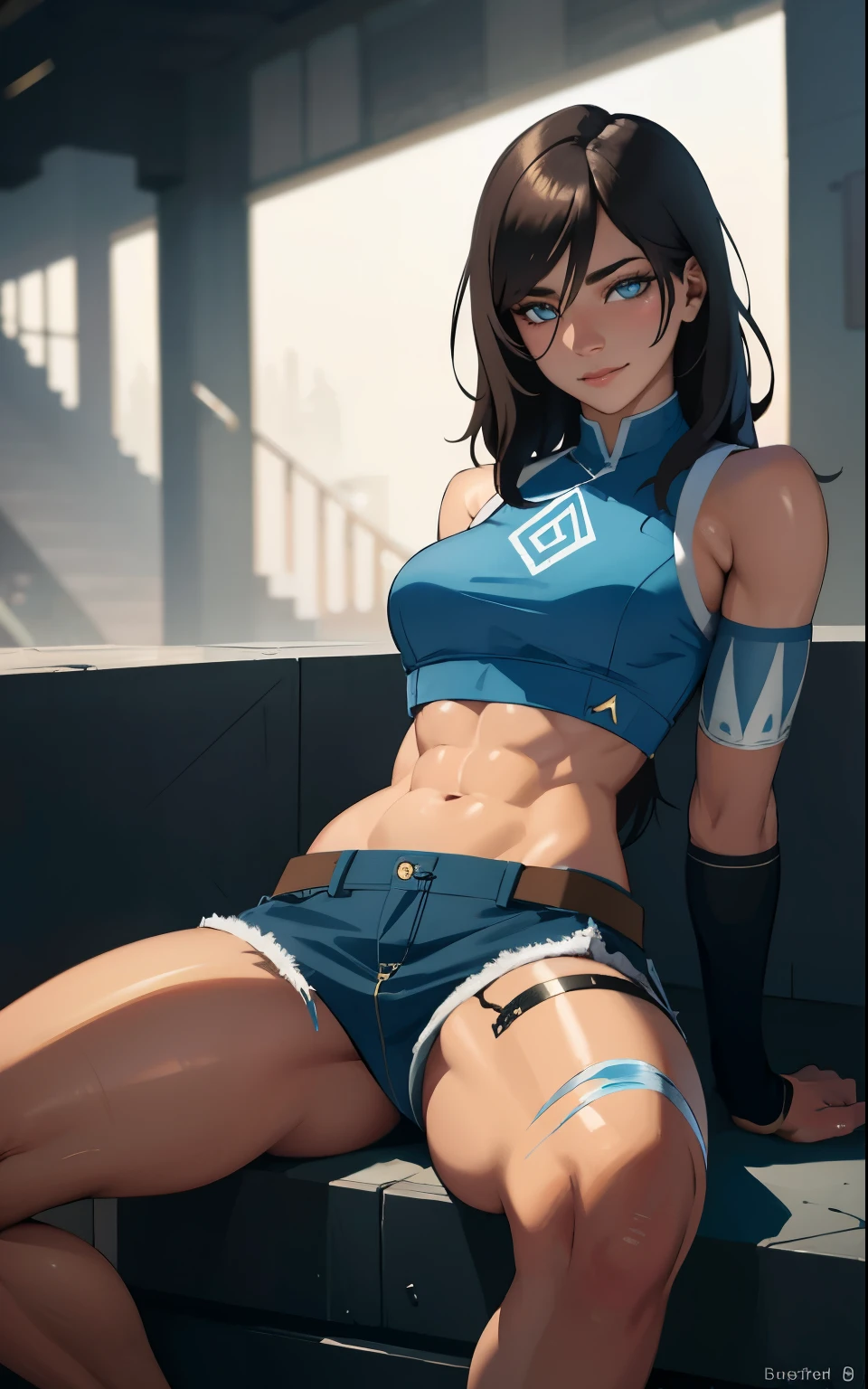 Zendaya as Korra, sitting seductively on some stairs, ripped jeans revealing toned legs, tight tank top, upshirt, ((pulls up her shirt revealing abs)), slightly muscular, Beautiful realistic waifu style girl, hyperdetailed painting, luminism, art by Carne Griffiths and Wadim Kashin concept art, post-apocalyptic background, abstract beauty, approaching perfection, pure form, golden ratio, minimalistic, dark atmosphere, unfinished, concept art, intricate details, 8k post production, high resolution, hyperdetailed, trending on artstation, sharp focus, studio photo, intricate details, highly detailed, by artgerm, seductive expression, sultry eyes, alluring pose, teasing smile, suggestive glance, subtle sensuality, provocative posture, irresistible charm, confident aura, captivating presence, hypnotic gaze, tantalizing demeanor, enchanting appeal, mesmerizing attraction, magnetic personality, irresistible allure.