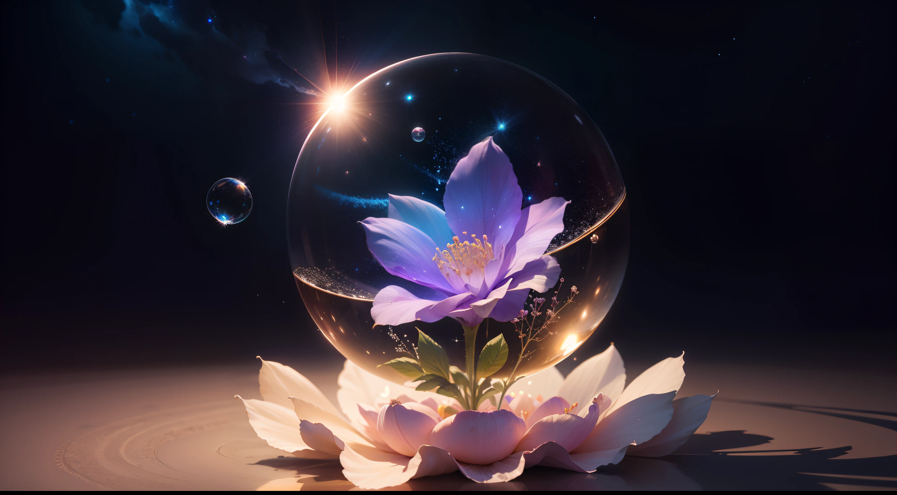 Crystal flower in a bubble, fantasy, Milky Way, transparent, Sparkling, Sparkling, shining, colorful, magical photoshoot, dramatic lighting, photorealism, super detailed, 4k, Depth of the bounds written, High resolution