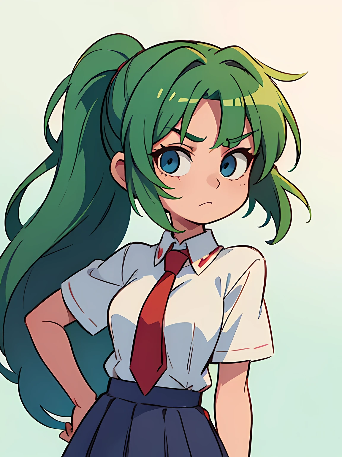 1 girl,One,Upper body,I look at the viewer,facing the viewer,Sonozaki Mion,long hair,green hair,High ponytail,split bangs,Blue eyes,White collared shirt,Red tie,black skirt,brown shoulder pistol holster
