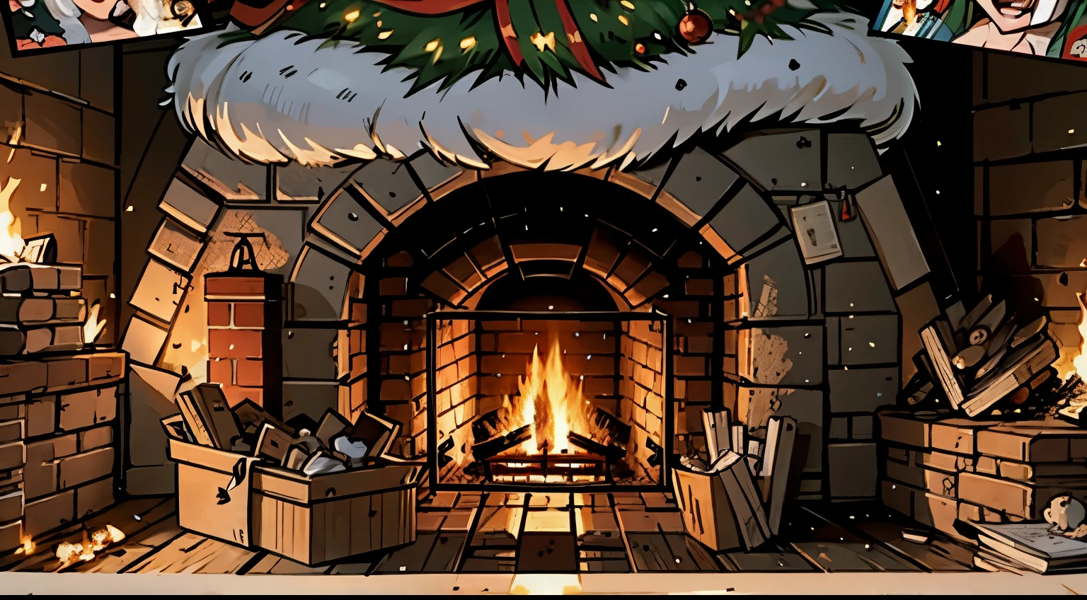 fireplace with christmas decorations and books on it in a room, irori fireplace, warm fireplace, fire place roaring, cosy fireplace, in fantasy tavern near fireplace, fireplace, in front of a fireplace, immensely detailed scene, hyper detailed scene, campfire background, highly detailed scene, rendered in the unreal engine, roaring fire, close up camera on bonfire level, rendered in unrealengine