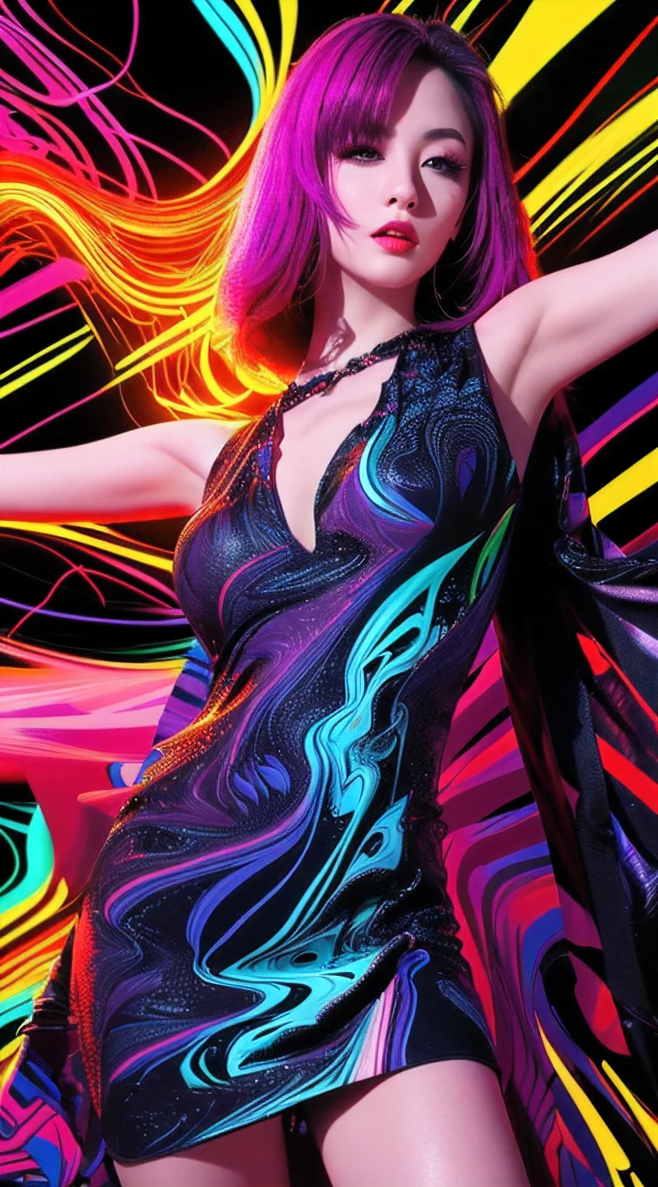 (masutepiece, of the highest quality, Best Quality, Official art, Beautiful and aesthetic:1.2), (1girl in:1.3), Extremely detailed,(Fractal Art:1.2),Colorful,highest details,( Zentangle Neon:1.2), (Dynamic Pose), (Abstract background neon:1.5), (Congressional Dresses:1.2), (Shiny skin), (Many colors:1.4), half body , medium breast, neons,16 K,Full-HD