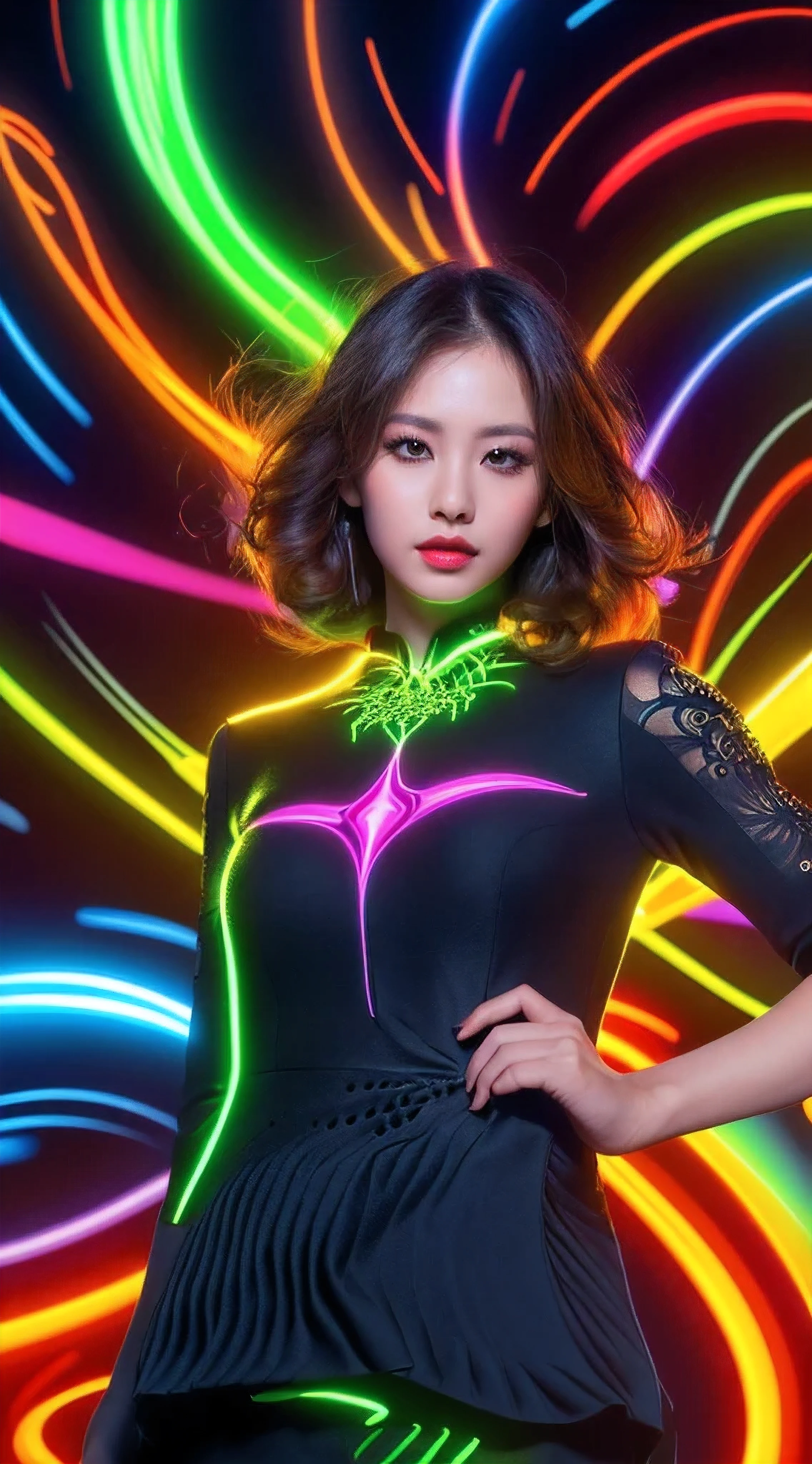(masutepiece, of the highest quality, Best Quality, Official art, Beautiful and aesthetic:1.2), (1girl in:1.3), Extremely detailed,(Fractal Art:1.2),Colorful,highest details,( Zentangle Neon:1.2), (Dynamic Pose), (Abstract background neon:1.5), (Congressional Dresses:1.2), (Shiny skin), (Many colors:1.4), half body , medium breast, neons,16 K,Full-HD