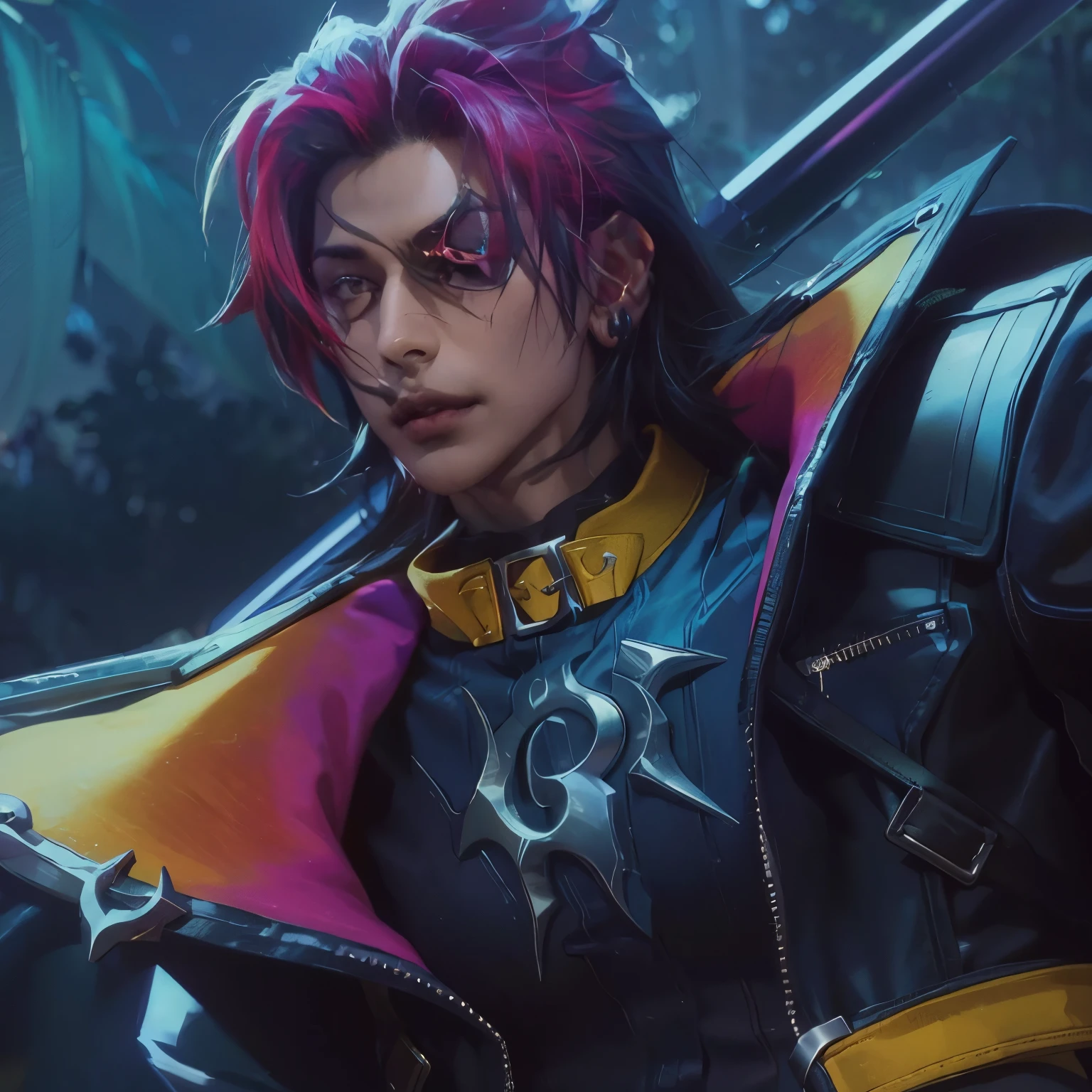 1 hombre, Kayn del juego league of Legends, cabello corto , pelo fiusha, 1 ojo verde y 1 rojo, street style, sonrisa, ropa negra, realista clothes, detalle de ropa, fondo de la ciudad, ultra detalle, realista