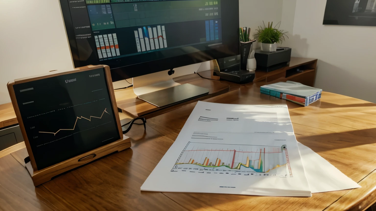 a beautiful wooden table in a well-lit office. On the table there are some sheets showing colorful financial graphs. Some graphics jump out of the pages, in 3D style. There is also a computer and a calculator on the table. bright and well-lit environment. real photo. high resolution. wide angle view