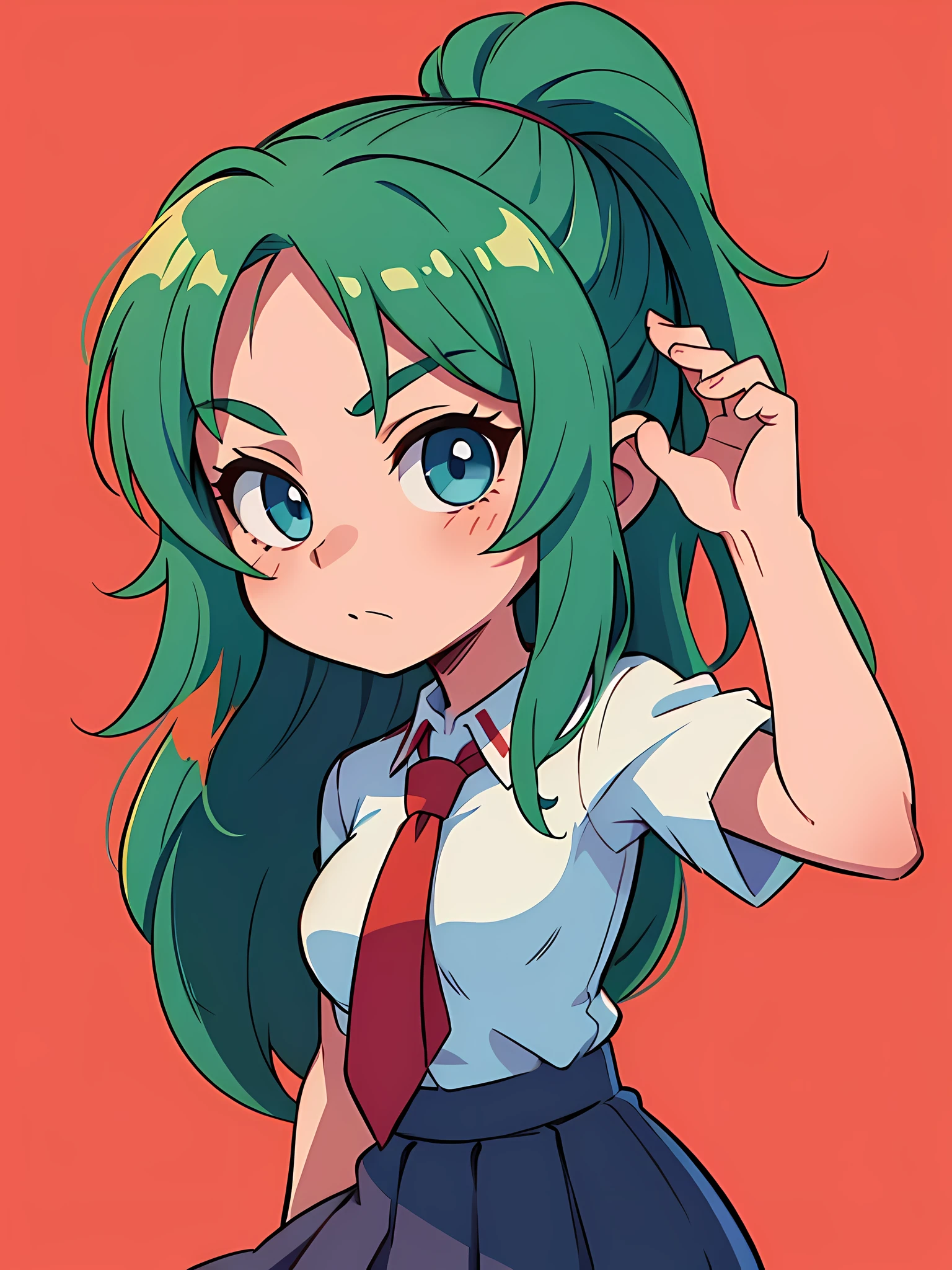 1 girl,One,Upper body,I look at the viewer,facing the viewer,Sonozaki Mion,long hair,green hair,High ponytail,split bangs,Blue eyes,White collared shirt,Red tie,black skirt,brown shoulder pistol holster