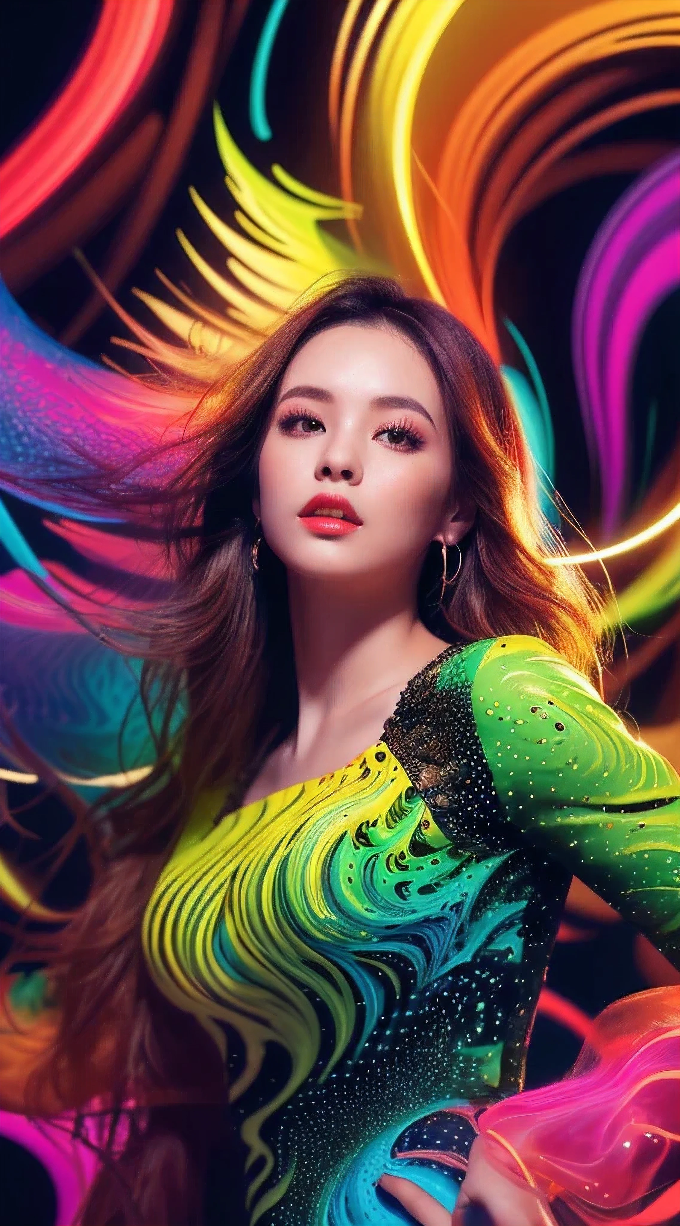 (masutepiece, of the highest quality, Best Quality, Official art, Beautiful and aesthetic:1.2), (1girl in:1.3), Extremely detailed,(Fractal Art:1.2),Colorful,highest details,( Zentangle Neon:1.2), (Dynamic Pose), (Abstract background neon:1.5), (Congressional Dresses:1.2), (Shiny skin), (Many colors:1.4), half body , medium breast, neons,16 K,Full-HD