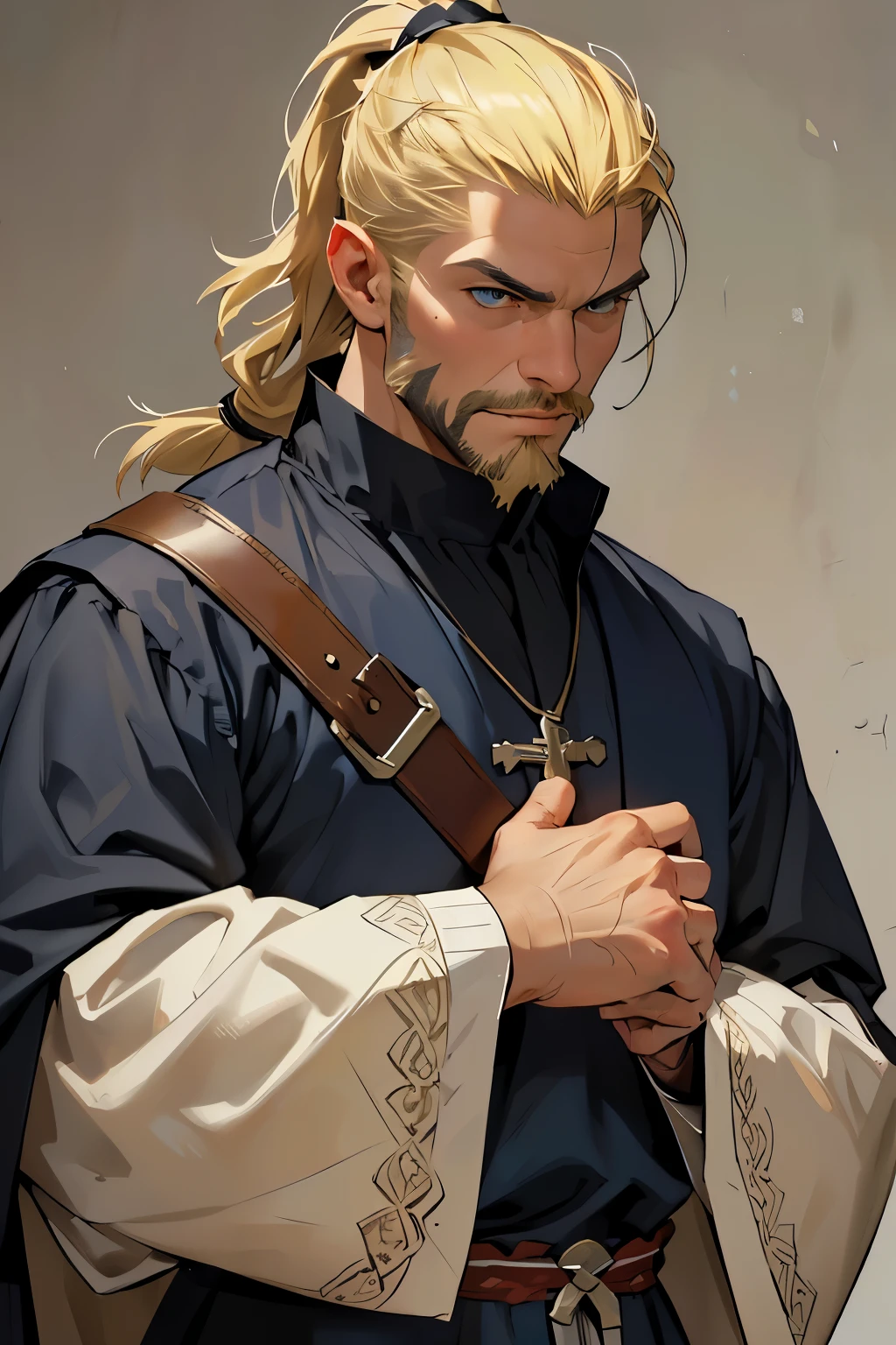 MASTERPIECE, Medieval background, Old, ((facial shaved hair)) ((realistic)), Waist, 1man, solo, male, strong, ((mature male)), ((blonde)), ((short ponytail)), Straight posture, detailed blue eyes, medieval outfit)), ((priest)) ((determinated face)), ((facial hair)), ((Clerig outfit))
