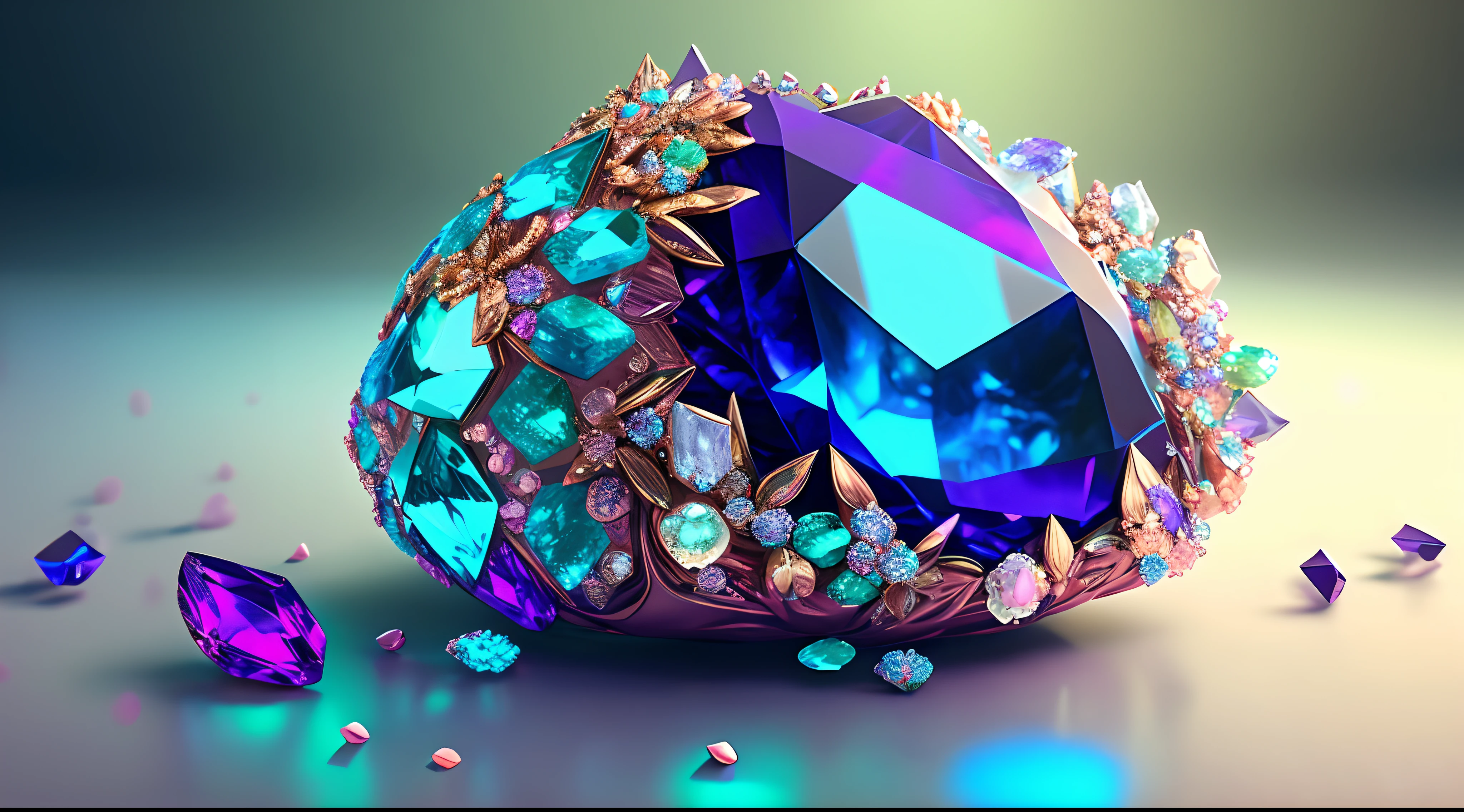 Many gems are scattered on the floor, luxury decoration, bioluminescence, elegant, like a painting, super detailed, delicate; Complex, surreal concept art, beautiful, Smooth, sharp, Professional, masterpiece, custom, highest quality, Color corrected, Please fix in post.16k.