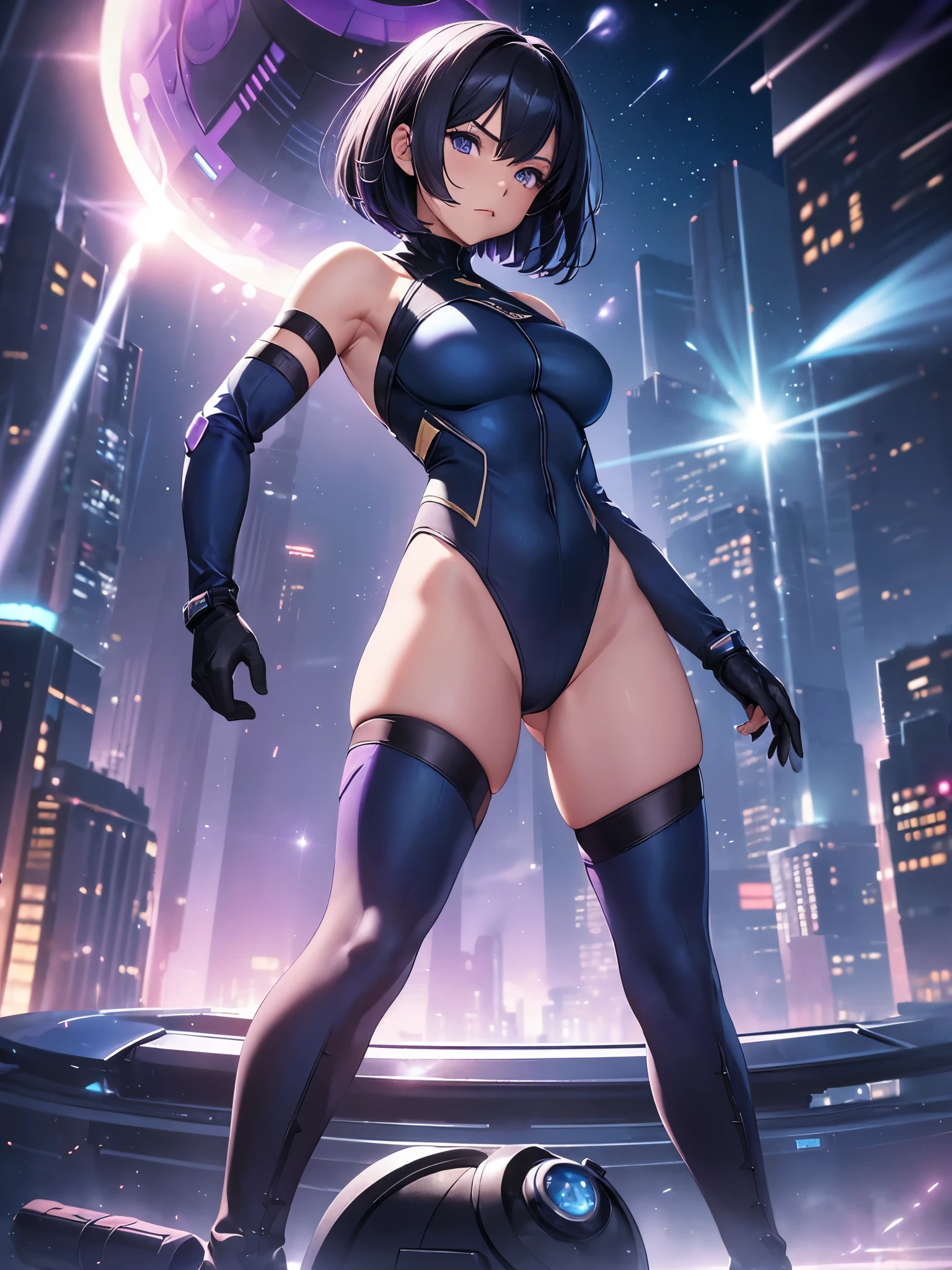 1girl. solo, solo focus, mature woman, superhero, (leotard, dark blue leotard witk purple accents, bare legs, boots, gloves), ((inside a large atom)), ((light particles)), hand on hip, city backdrop, standing, black hair, dark blue eyes, short hair, bob hair, powering up