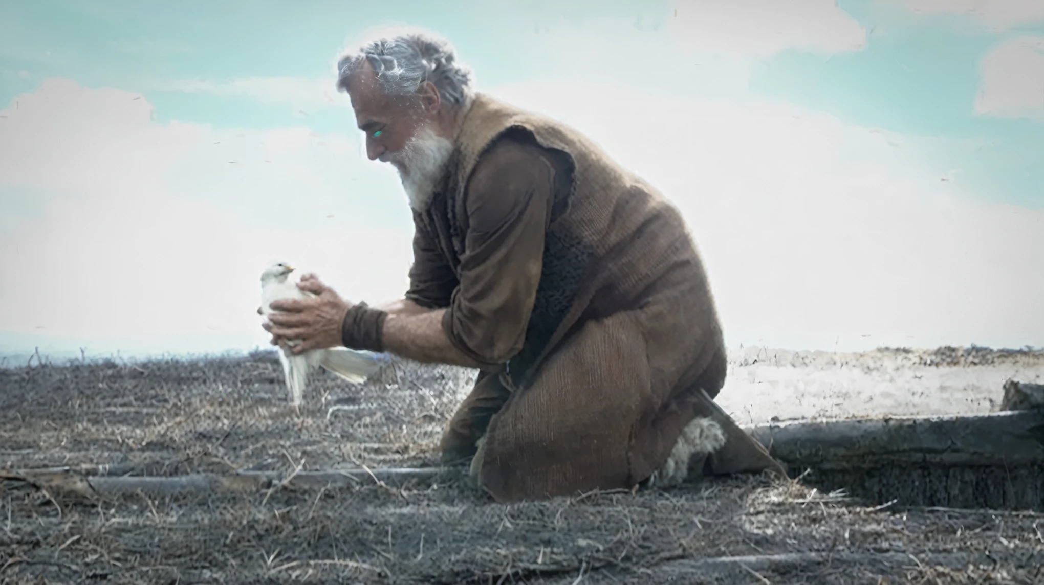 there is a man kneeling down with a bird in his hand, holy man looking at ground, the most beautiful scene, still from a live action movie, sean connery as gandalf, still from the movie, screenshot from a movie, still from a fantasy movie, film still dnd, still from the film, still from film, inspired by Andrei Rublev