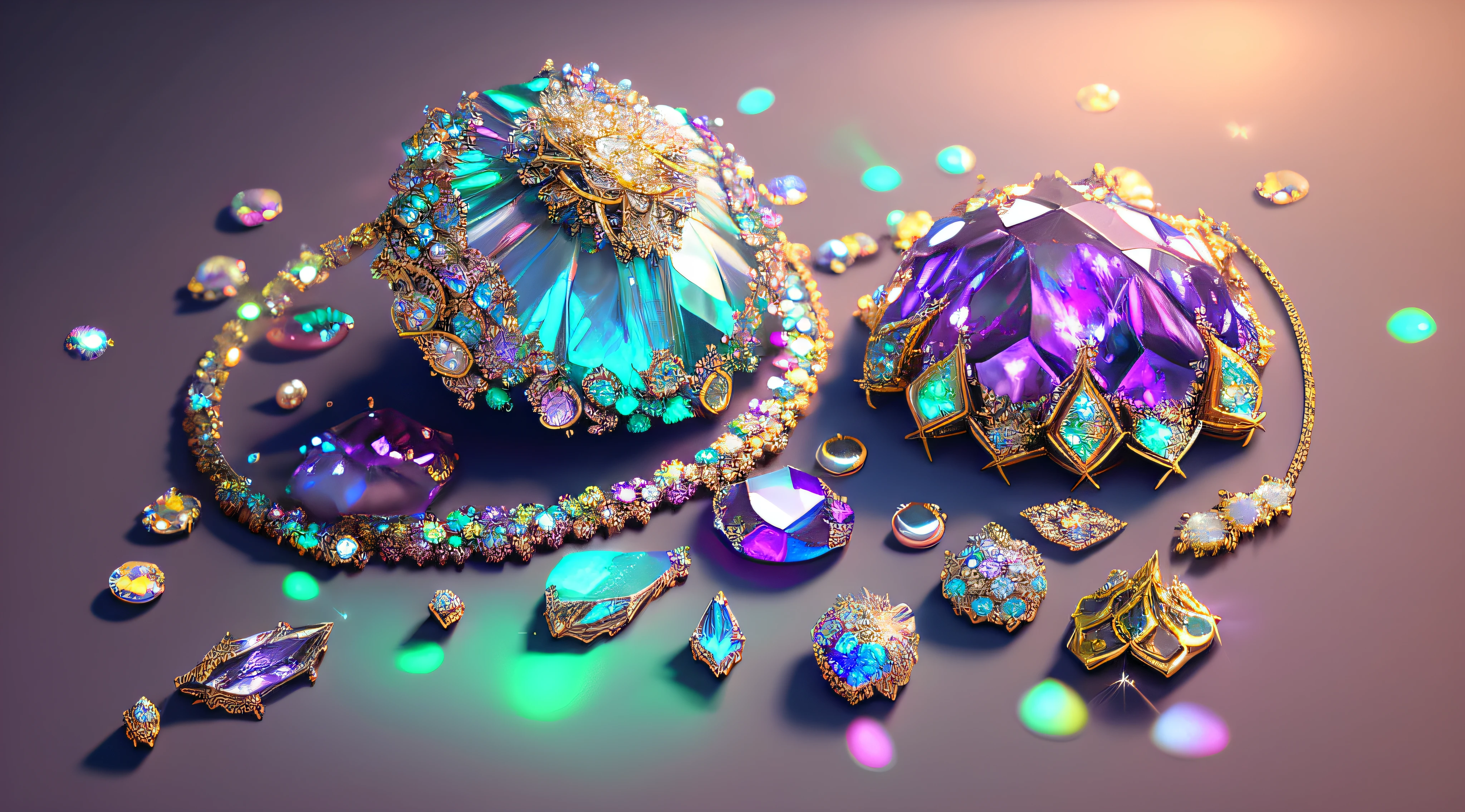 Lots of gems scattered on the floor、shining in rainbow colors,  luxury decoration, bioluminescence, elegant, like a painting, super detailed, delicate; Complex, surreal concept art, beautiful, Smooth, sharp, Professional, table top, custom, highest quality, Color corrected, Please fix in post.8k