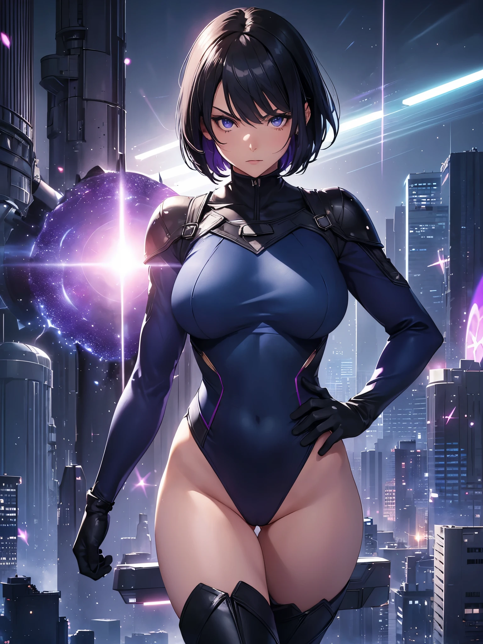 1girl. solo, solo focus, mature woman, superhero, (leotard, dark blue leotard witk purple accents, bare legs, boots, gloves), ((inside a large atom)), ((light particles)), hand on hip, city backdrop, standing, black hair, dark blue eyes, short hair, bob hair, powering up