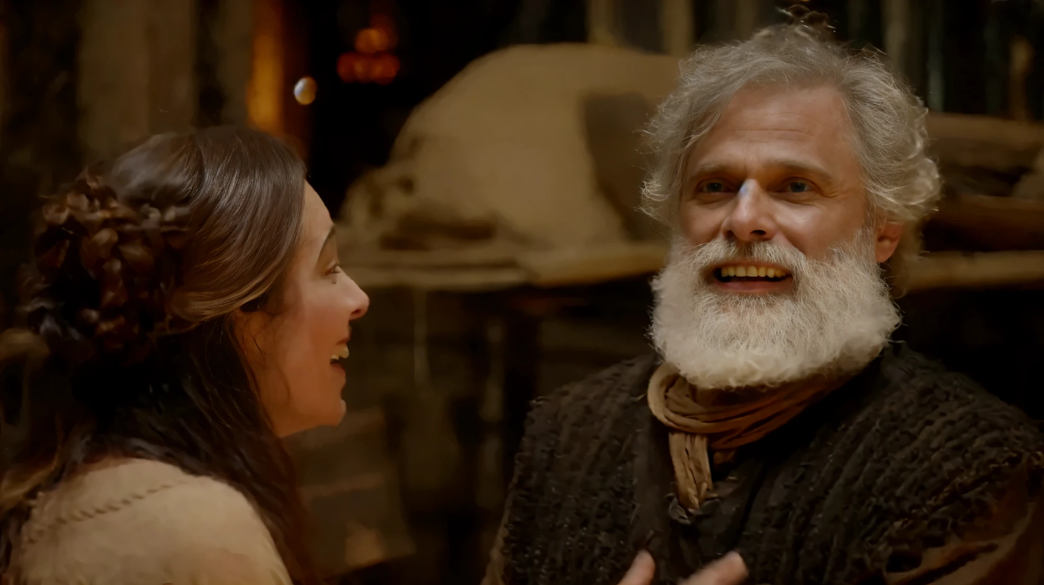 a man with a beard and a woman with a braid in a room, still from a fantasy movie, still from the movie, still shot from movie, still frame from a movie, still from a movie, screenshot from a movie, still from movie, still from a live action movie, scene from live action movie, shot from movie, film still dnd movie
