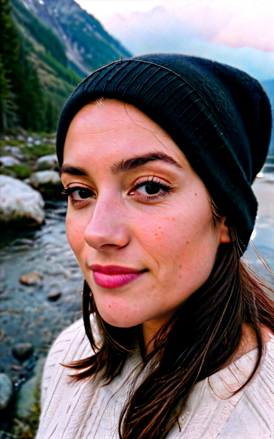 photorealistic, best quality, hyper detailed, beautiful woman, selfie photo, upper body, solo, wearing pullover, outdoors, (night), mountains, real life nature, stars, moon, (cheerful, happy), sleeping bag, gloves, sweater, beanie, flashlight, forest, rocks, river, wood, smoke, fog, clear sky, analog style, looking at viewer, skin texture, film grain, close up, ultra high res, best shadow, RAW, instagram LUT
