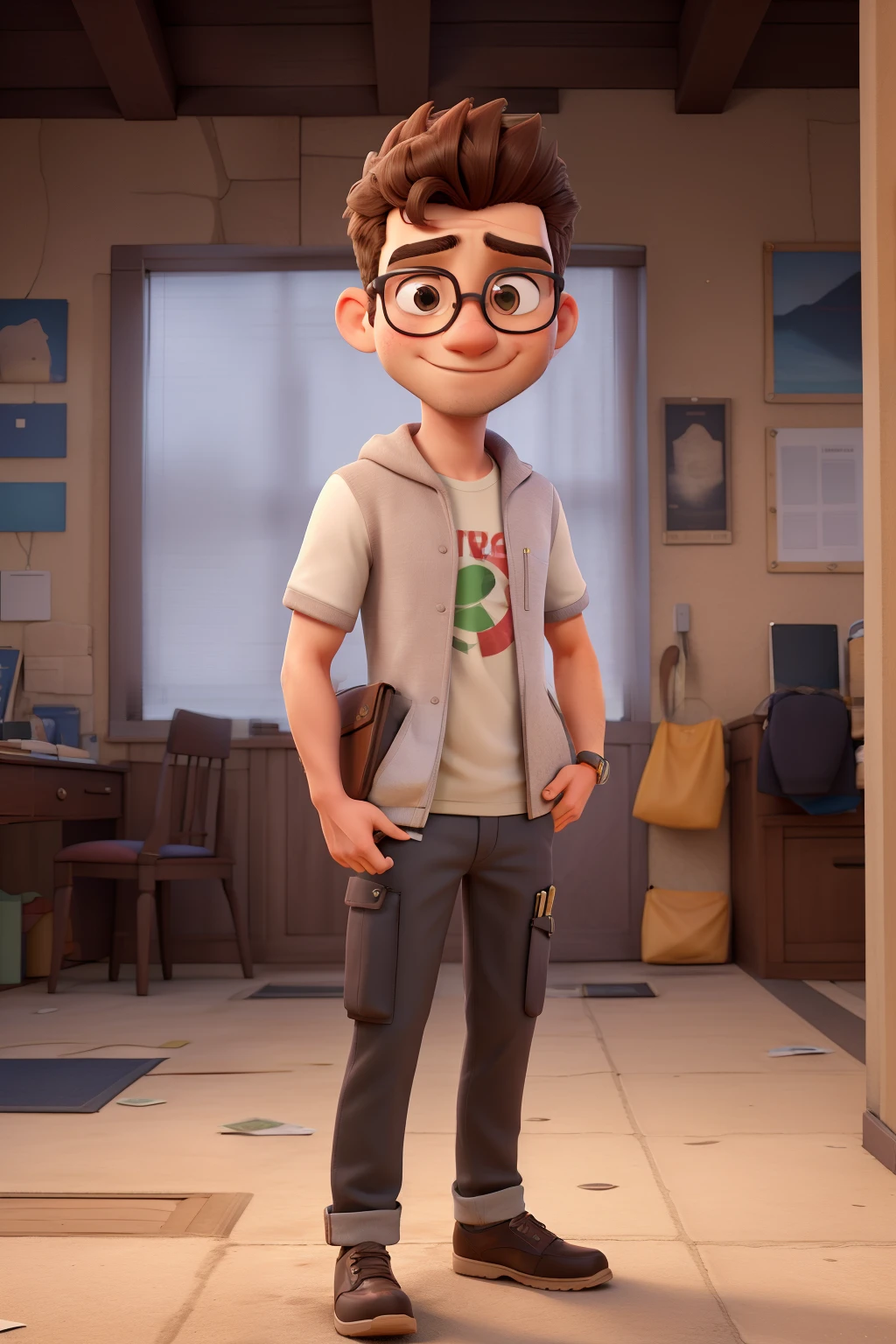 ((melhor qualidade)), ((obra de arte)), (detalhado), rosto perfeito crie a imagem de um homem jovem, vestido com roupa casual e camiseta, with prescription glasses, holding a briefcase full of money falling to the floor