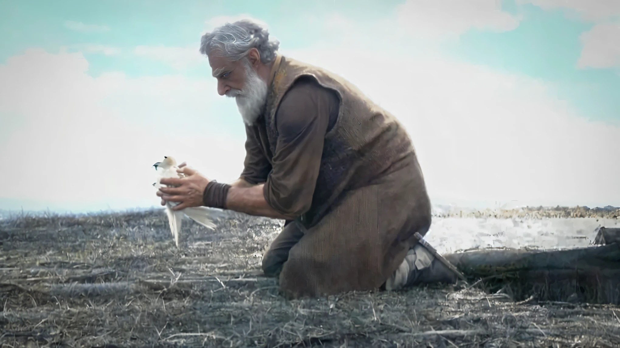 there is a man kneeling down with a bird in his hand, holy man looking at ground, the most beautiful scene, still from a live action movie, sean connery as gandalf, still from the movie, screenshot from a movie, still from a fantasy movie, film still dnd, still from the film, still from film, inspired by Andrei Rublev