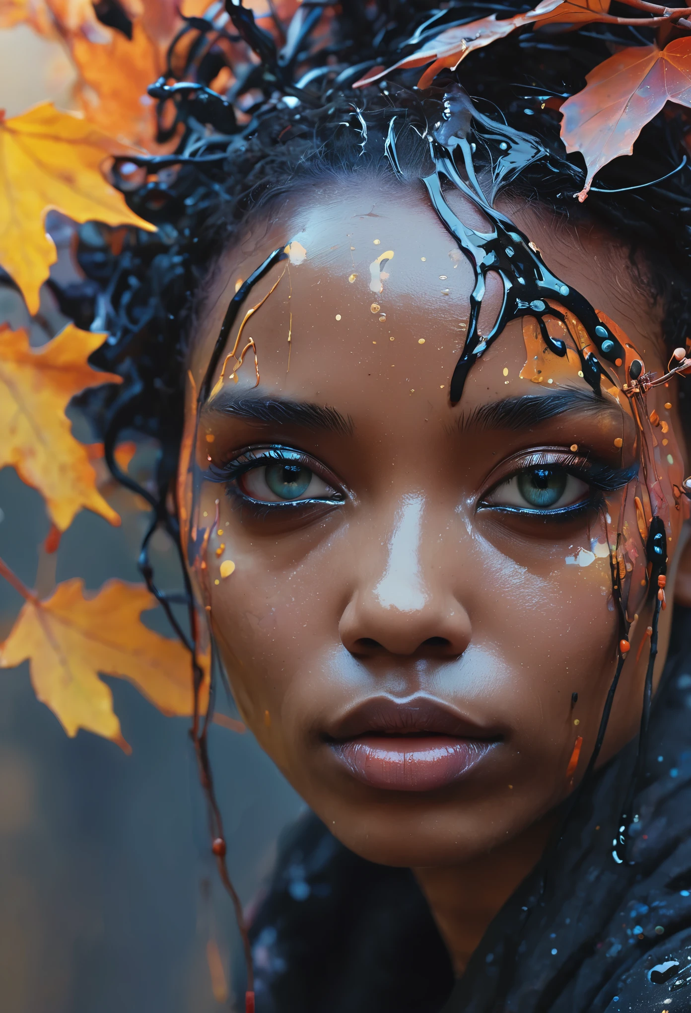 samdoesarts style a Obsidian fairy by agnes cecile,by art Simon Stalenhag,Nicola Samori,(((Wangechi Mutu))), luminous design, pastel colours, ink drips, autumn lights,extremely detailed,masterpiece,intricate details,faded,eyes extremely detailed, high detailed eyes,4k resolution,RAW, Nikon Z9
