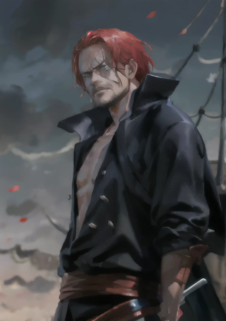 Shanks unleashes Royal Haki with a serious face and with his right hand holds the sword coated in Advanced Haki