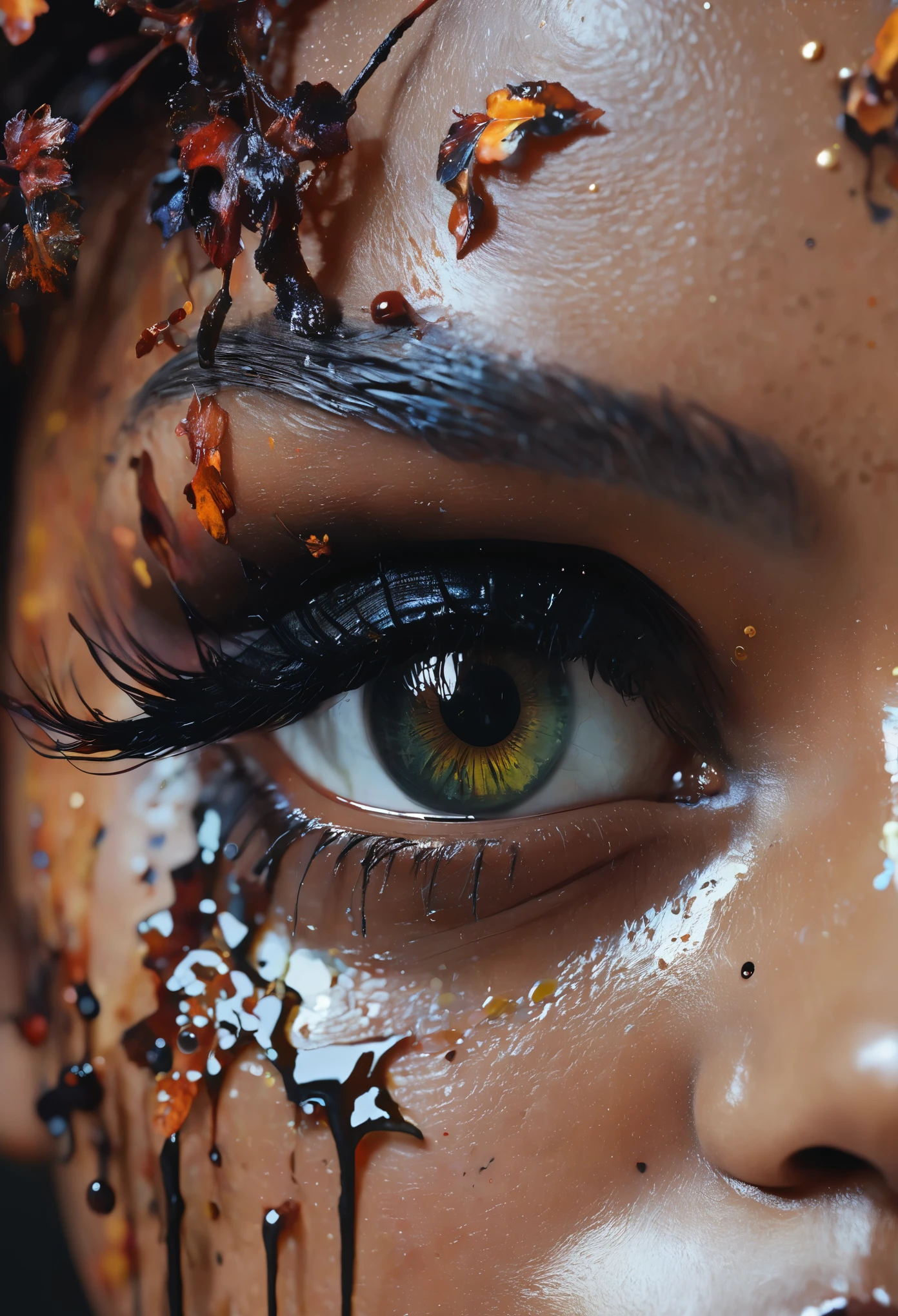 samdoesarts style a Obsidian  fairy by agnes cecile,by art Simon Stalenhag,Nicola Samori,(((Wangechi Mutu))), luminous design, pastel colours, ink drips, autumn lights,extremely detailed,masterpiece,intricate details,faded,eyes extremely detailed, high detailed eyes,4k resolution,RAW, Nikon Z9