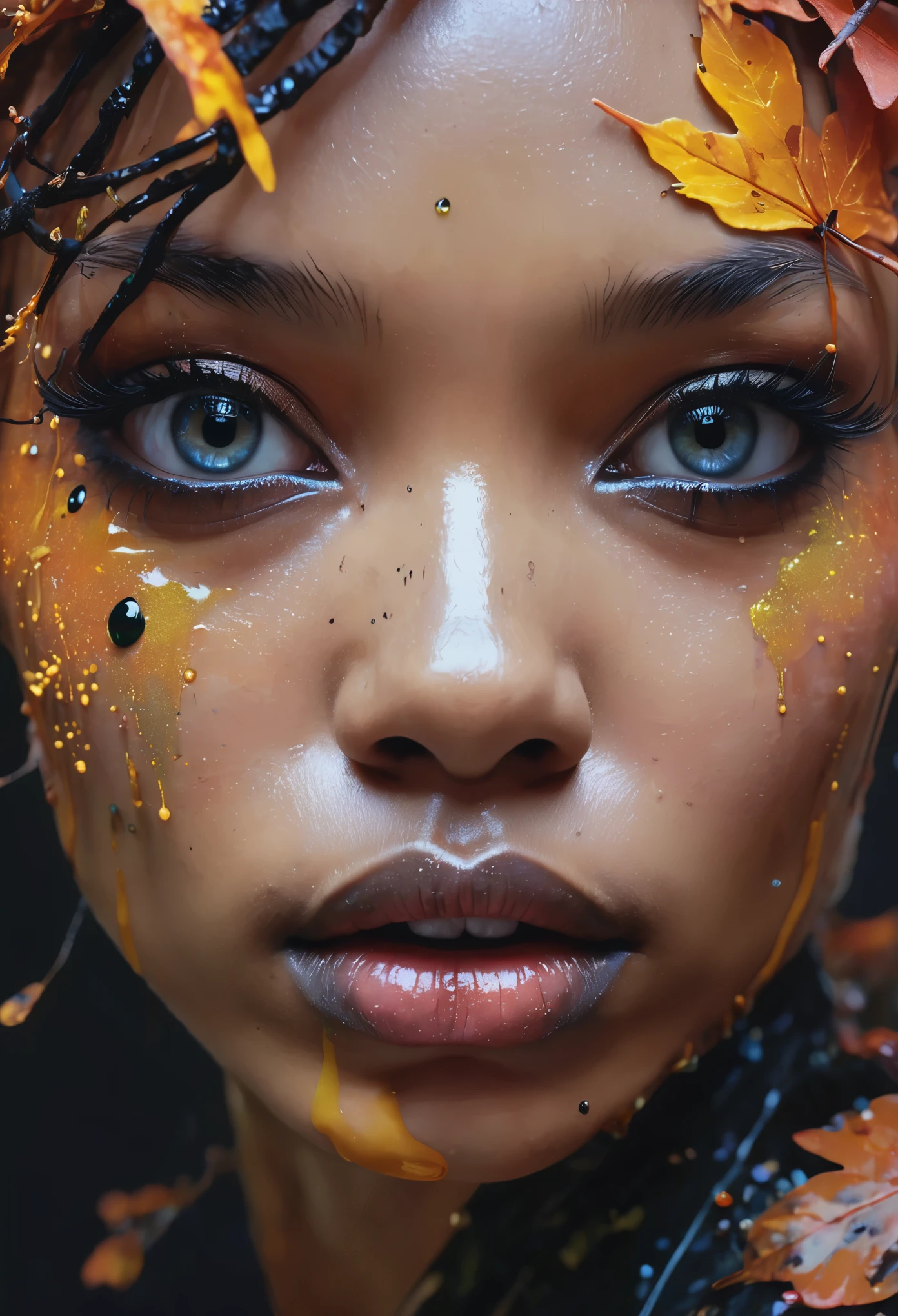 samdoesarts style a Obsidian  fairy by agnes cecile,by art Simon Stalenhag,Nicola Samori,(((Wangechi Mutu))), luminous design, pastel colours, ink drips, autumn lights,extremely detailed,masterpiece,intricate details,faded,eyes extremely detailed, high detailed eyes,4k resolution,RAW, Nikon Z9