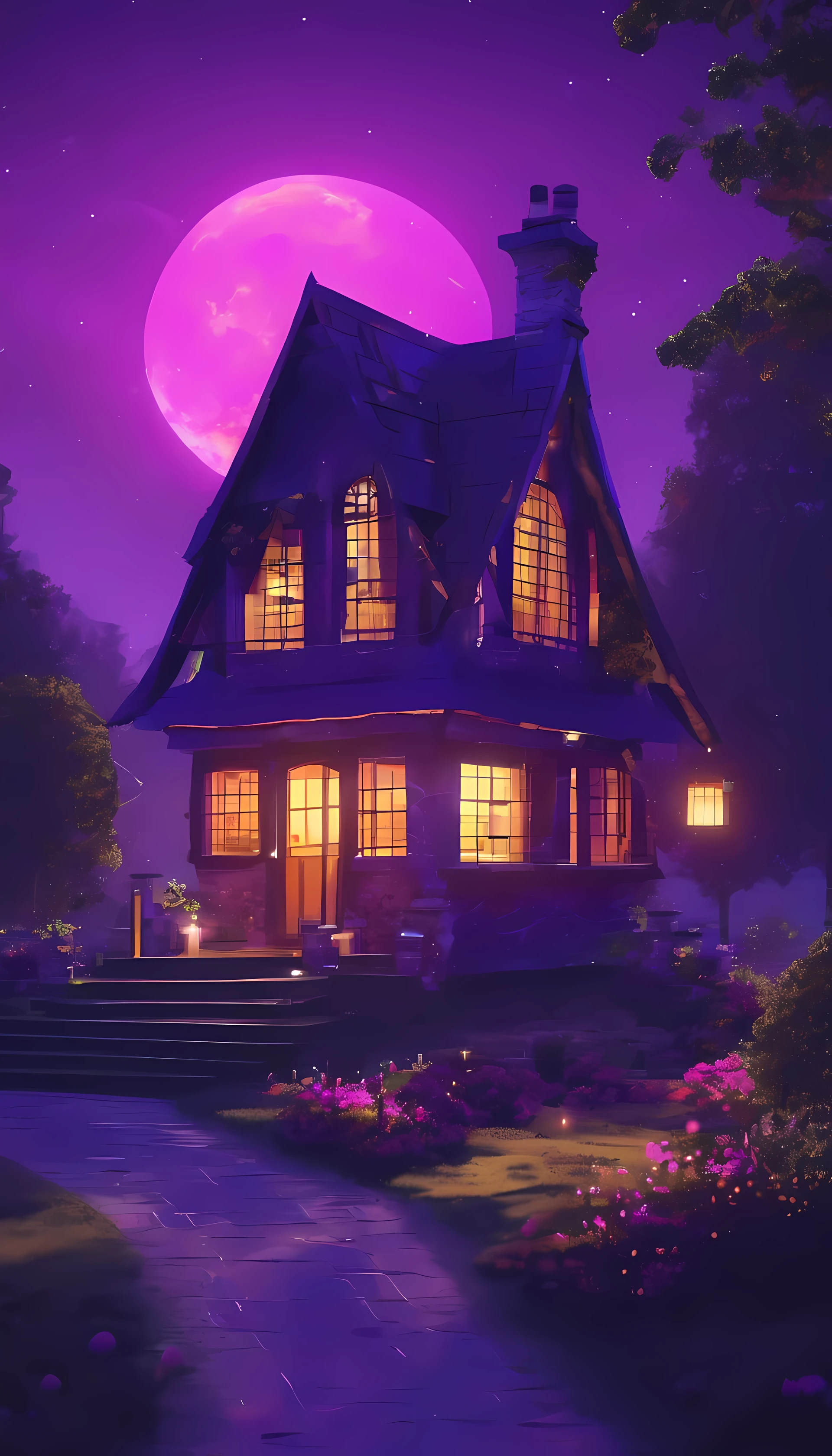 Purple glowing night cottage