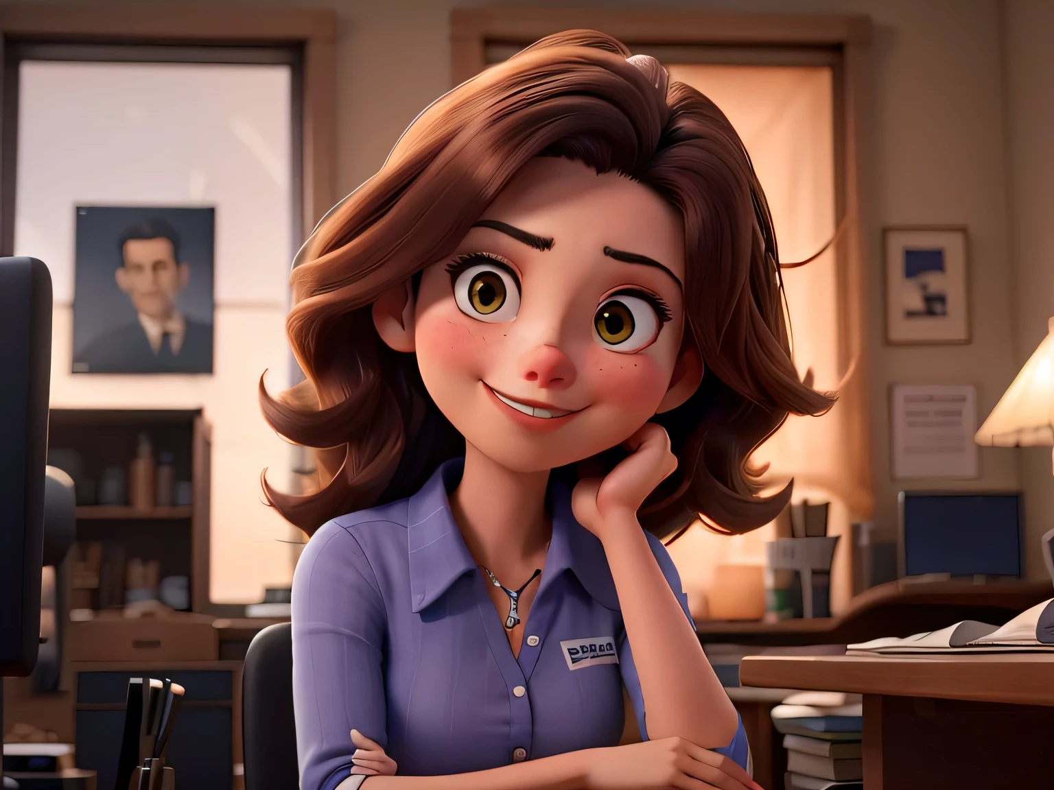 Por favor, create a series of high-quality portraits of the character Aurora Arruda, A young and successful Brazilian businesswoman. She is a young woman, por volta de seus 28 anos, de pele branca, cabelos lisos, long and brown that reaches the waist. Em cada retrato, Aurora will be smiling, looking directly at the camera in various poses and configurations.

Aurora em cada retrato. She will be dressed in a navy blue polo shirt, Jeans e salto alto. Make sure the portraits convey Aurora&#39;s personality and versatility as a successful businesswoman in her new office.

Por favor, provide a series of full-body images that highlight Aurora Arruda&#39;s beauty and confidence in different situations and with different looks, Creating a collection of stunning portraits.