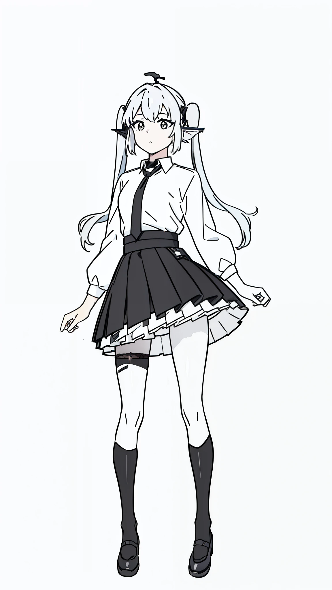 1girl,20 years old,solo,(white background,line drawing),long hair,white hair,fish ears,twintails,((white shirt,black standart tie,black skirt,black pantyhoses)),full body,below