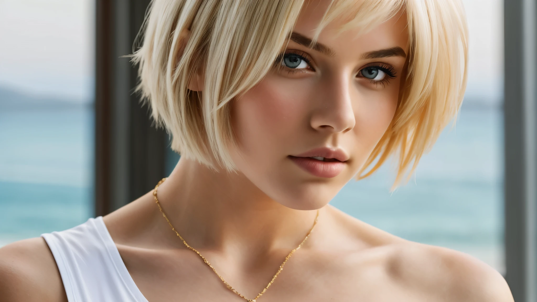 1 girl, Alter 19, short hair, huge , view audience, welliges blonde hair, bare shoulders, jewelry, (Highly detailed 8K wallpaper), soft light, high quality, sharp focus, sharp focus, (Natural light), (fascinating), tight t-shirt, realistic, sexy