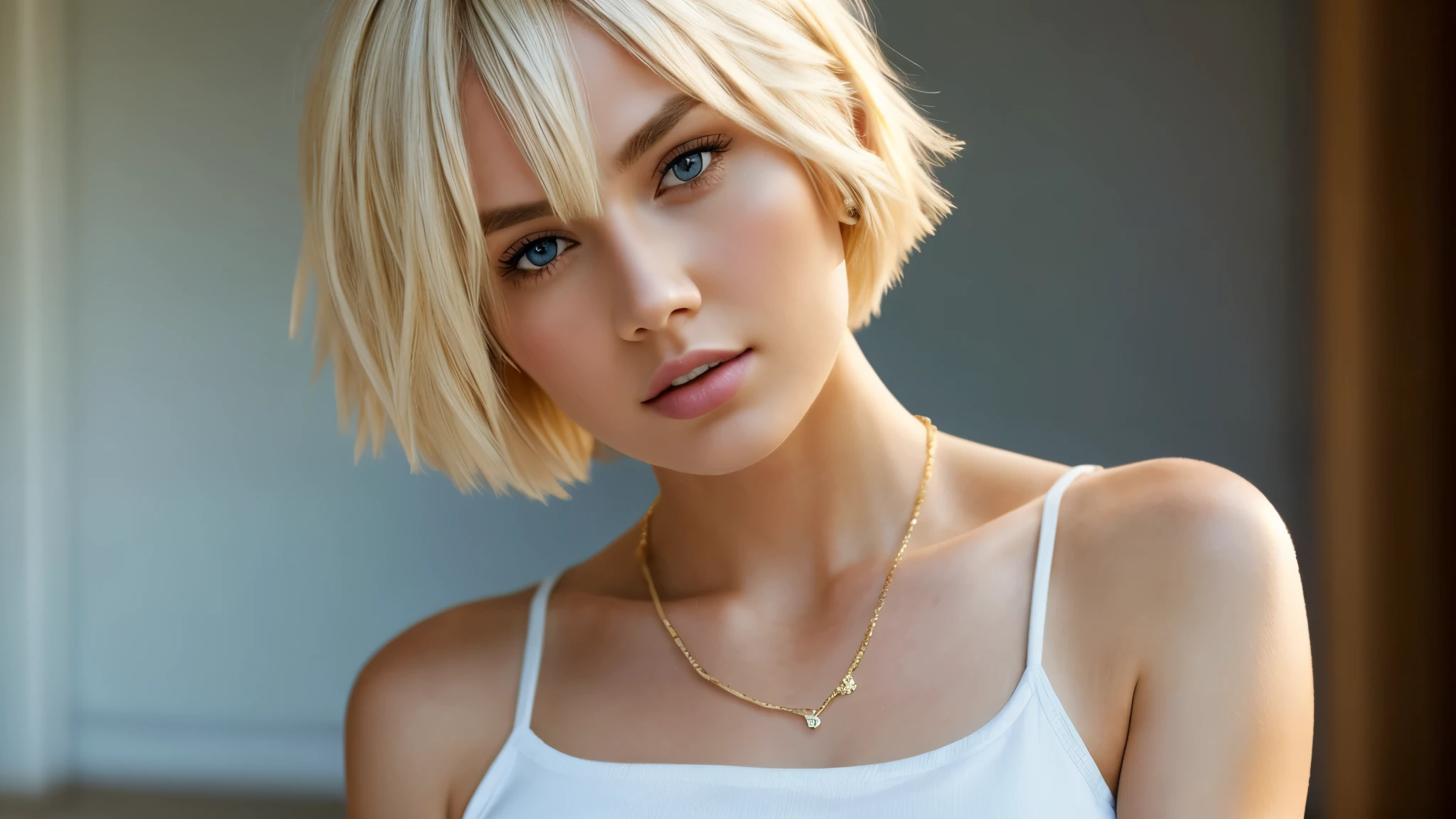 1 girl, Alter 19, short hair, huge , view audience, welliges blonde hair, bare shoulders, jewelry, (Highly detailed 8K wallpaper), soft light, high quality, sharp focus, sharp focus, (Natural light), (fascinating), tight t-shirt, realistic, sexy