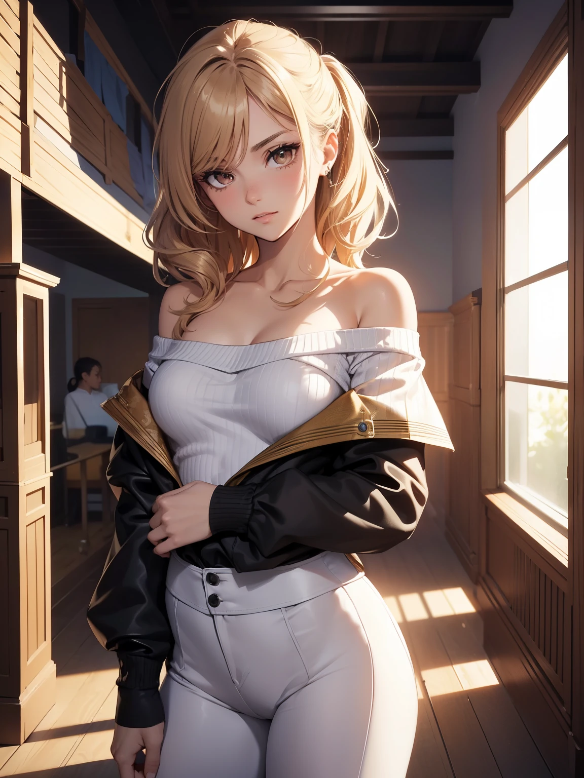 (best quality, 4k, 8k, highres, masterpiece:1.2),
ultra-detailed,
detailed face,
detailed lips and eyes,
attractive appearance,
expressive face,
anime style,
BREAK
Valerie the Thief beautiful caucasian woman with messy wavy (shoulder length:1.3) blonde hair,
(age 23 years old),
((big eyes)),
(brown eyes:1.4),
brown eyebrows,
fair skin,
lean and athletic,
short female,
BREAK
detailed perfect fingers,
perfect hands,
detailed perfect face,
intense blushing,
open mouth,
smirk,
arrogant caring slightly shy and slutty expression,
(solo:1.2),
BREAK
Fencing Champion Costume,
Step into the role of a skilled and elegant fencing champion with this costume,
Start with a white fencing jacket or blouse paired with fitted white fencing pants or leggings,
Add a traditional fencing mask and gloves to complete the protective gear ensemble,
Accentuate the look with a colored fencing jacket or vest to represent your team or country,
BREAK
Incorporate metallic or foil-like accents, such as metallic trim or buttons, to evoke the fencing equipment's aesthetic,
Carry a prop fencing foil or épée to complete the outfit, Rapier, Foil, Sabre,
With this costume, you'll exude confidence and prowess as a fencing champion,
BREAK
undressing,
(off shoulder top:1.6),
shirt_pull,
sports bra,
breasts focus, shirt lift, half undress,
BREAK
masterpiece background,
locker room,
alluring diverse and dynamic poses,
ray tracing,
sunshine beam through window.