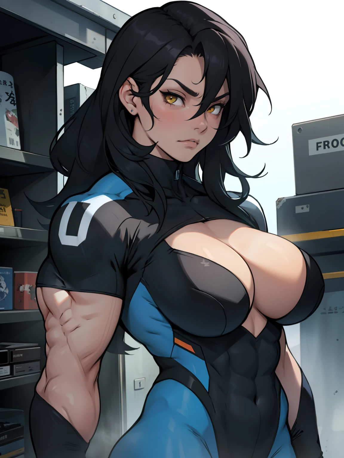 ((girl muscles large breasts)) pale skin black hair yellow eyes skintight sad female