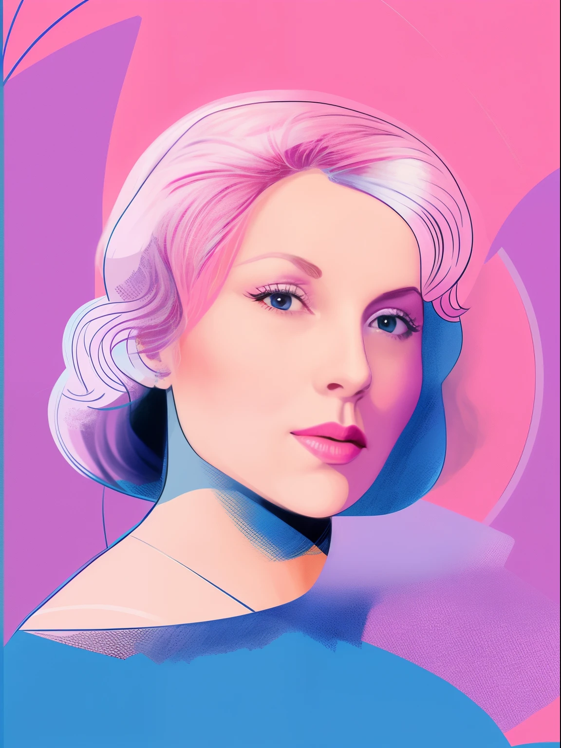 a close up of a woman with pink hair and a blue background, digital illustration -, greta garbo, inspired by Margareta Alströmer, in style of digital illustration, digital illustration portrait, digital illustration, color portrait, digital art of an elegant, inspired by Eleanor Hughes, inspired by Verónica Ruiz de Velasco, portrait illustration