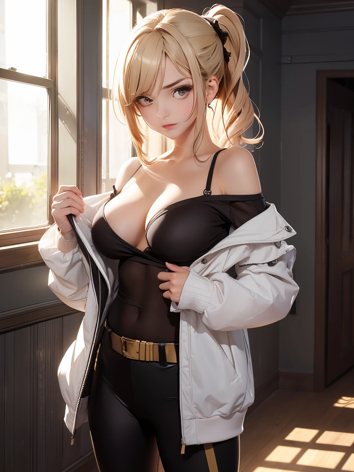 (best quality, 4k, 8k, highres, masterpiece:1.2),
ultra-detailed,
detailed face,
detailed lips and eyes,
attractive appearance,
expressive face,
anime style,
BREAK
Valerie the Thief beautiful caucasian woman with messy wavy (shoulder length:1.3) blonde hair,
(age 23 years old),
((big eyes)),
(brown eyes:1.4),
brown eyebrows,
fair skin,
lean and athletic,
short female,
BREAK
detailed perfect fingers,
perfect hands,
detailed perfect face,
intense blushing,
open mouth,
smirk,
arrogant caring slightly shy and slutty expression,
(solo:1.2),
BREAK
Fencing Champion Costume,
Step into the role of a skilled and elegant fencing champion with this costume,
Start with a white fencing jacket or blouse paired with fitted white fencing pants or leggings,
Add a traditional fencing mask and gloves to complete the protective gear ensemble,
Accentuate the look with a colored fencing jacket or vest to represent your team or country,
BREAK
Incorporate metallic or foil-like accents, such as metallic trim or buttons, to evoke the fencing equipment's aesthetic,
Carry a prop fencing foil or épée to complete the outfit, Rapier, Foil, Sabre,
With this costume, you'll exude confidence and prowess as a fencing champion,
BREAK
(undressing:1.6),
(off shoulder top:1.6),
shirt_pull,
sports bra,
focus on breasts, shirt lift, (half undress:1.6),
BREAK
(sad:1.0), (angry:1.2), (blush:1.0), (badmood:1.2), (unamused:1.1), (open mouth:0.9), (seductive smile:0.8), :o, (embarrassed), staring, disgusted eyes, flustered,
BREAK
masterpiece background, well-organized composition, Amazing,
locker room,
alluring diverse and dynamic poses,
ray tracing,
sunshine beam through window.