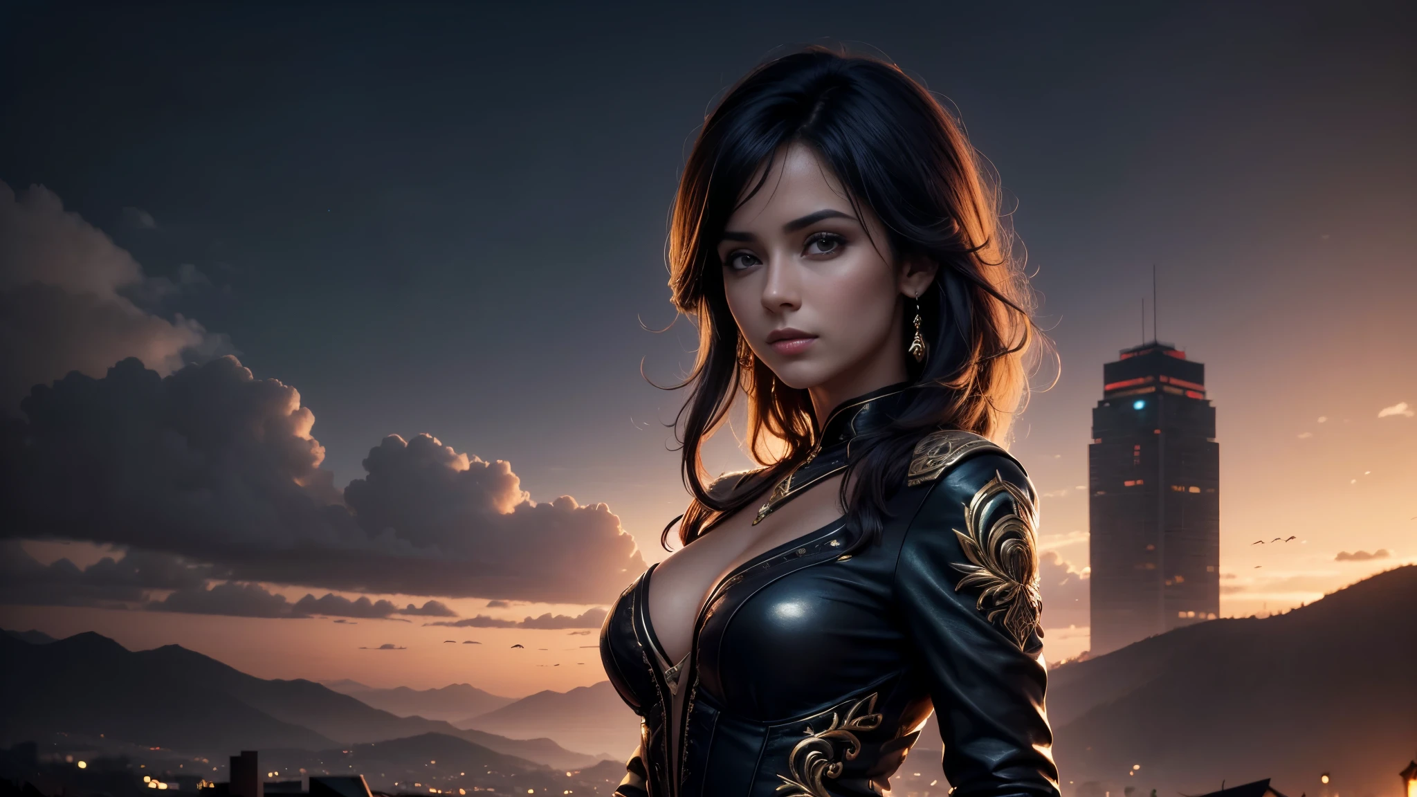 (((garota 25 anos))) , (com cabelo preto curto), (pele corada), (Sweet appearance), (Vestindo trajes colegiais ), (cidade no fundo da noite), visto de frente, cintura para cima tiro, dynamic pose, ambient lighting, Foto realism, detalhes intrincados do rosto, intricate hand details, altamente detalhado, cores vibrantes, cinemactic, high definiton, Popular em sites de arte - estilo original , 8k ,