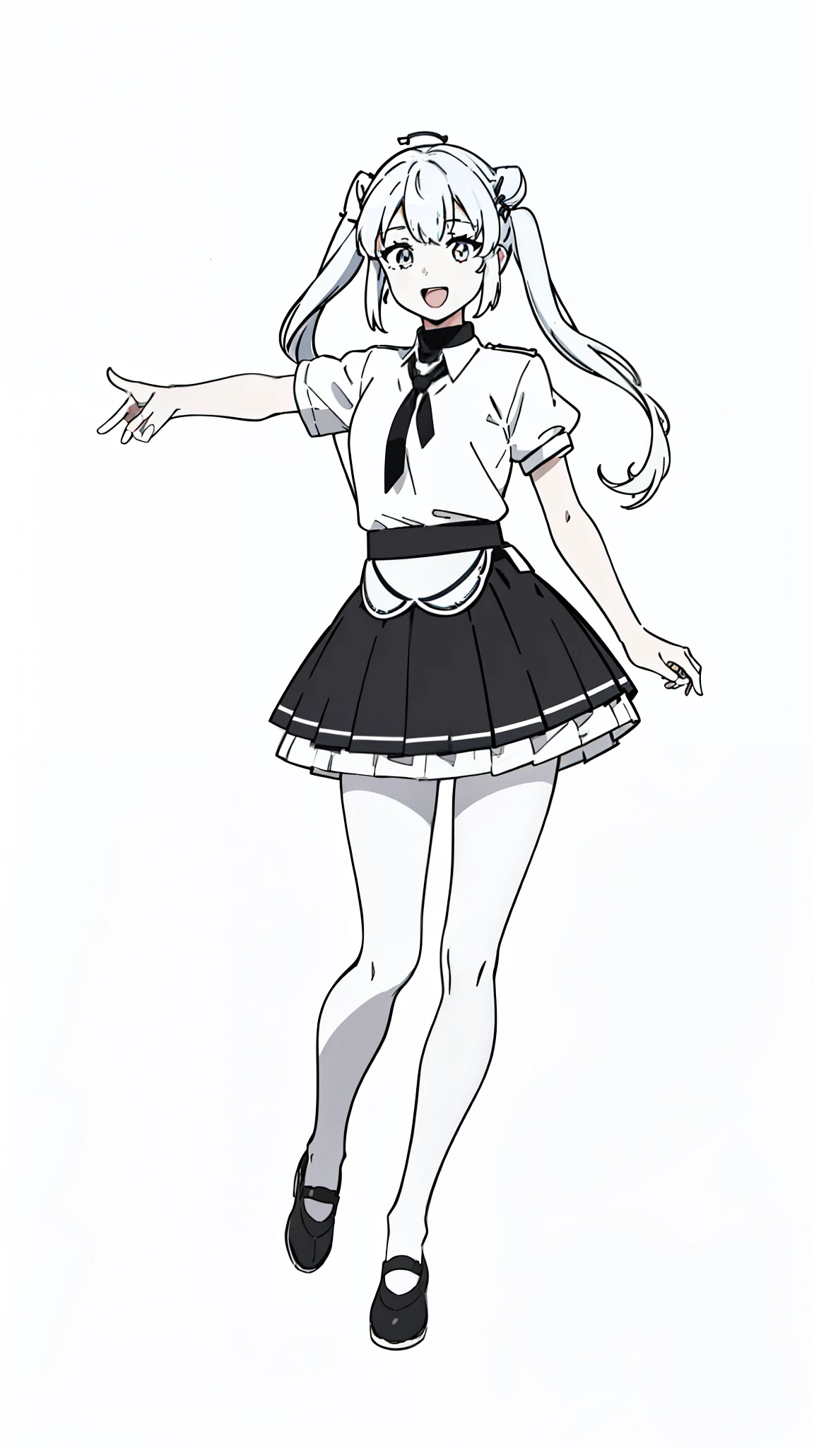 1girl,20 years old,solo,(white background,line drawing),long hair,white hair,fish ears,twintails,((white shirt,short sleeves,black standart tie,black skirt,white pantyhoses)),full body,open mouth,smile,outstretched hand