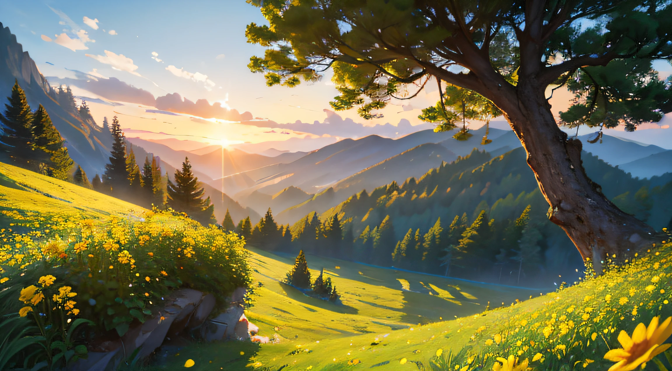 over view of clearing on forest, close up, back lens, Pixar Movie Style, best quality, Cinematic Movie Still, very cute, amazing forest, mountains on horizon, amazing sunset, yellow flowers around clearing, rocks around, air balloon flying on sky, high definition, lightgreen trees --auto