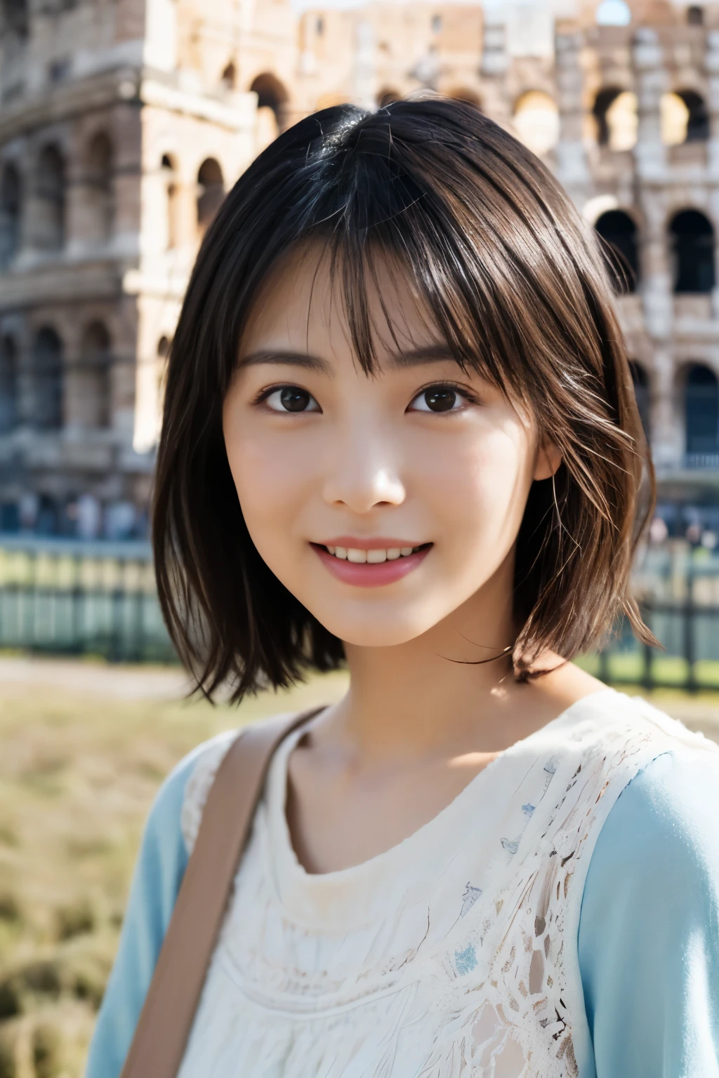 1 girl, (Spring-like outfit with light pastel colors.:1.2), beautiful japanese actress, (semi short hair:1.3), young face, (very cute),
(RAW photo, highest quality), (realistic, Photoreal:1.4), masterpiece, 
very delicate and beautiful, very detailed, 2k wallpaper, wonderful, 
finely, very detailed CG Unity 8K 壁紙, Super detailed, High resolution, 
soft light, beautiful detailed girl, very detailed目と顔, beautifully detailed nose, beautiful and detailed eyes, cinematic lighting, 
break
(Commemorative photo taken in front of the Colosseum in Rome:1.3), 
perfect anatomy, slender body, (Happy, teeth), Face the front completely, looking at camera