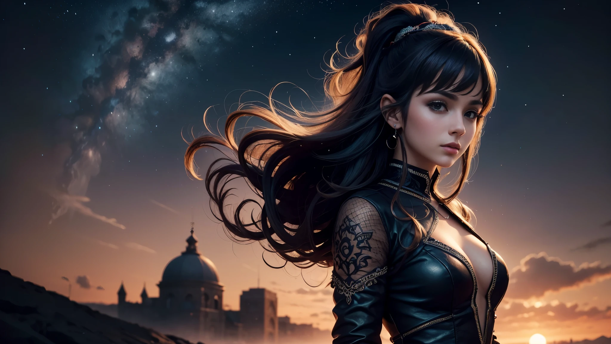 (((garota 25 anos))) , (com cabelo preto curto), (pele corada), (Sweet appearance), (Vestindo trajes colegiais ), (cidade no fundo da noite), visto de frente, cintura para cima tiro, dynamic pose, ambient lighting, Foto realism, detalhes intrincados do rosto, intricate hand details, altamente detalhado, cores vibrantes, cinemactic, high definiton, Popular em sites de arte - estilo original , 8k ,