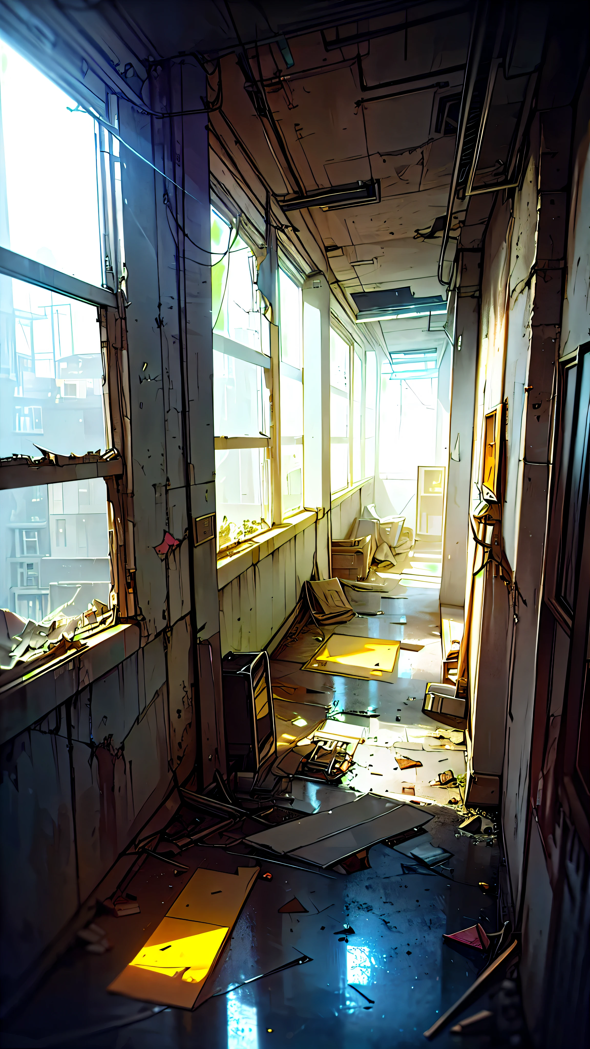 masterpiece, best quality, (abandoned futuristic office), (suspense environment), cement stairs, worn walls, cracks, cables, abandoned boxes, garbage and papers on the floor, pipes, bulbs (volumetric yellow light), window with broken glass, (dense fog), volumetric lighting, dust in the environment, wet floor, light reflections on the floor, very dark night
