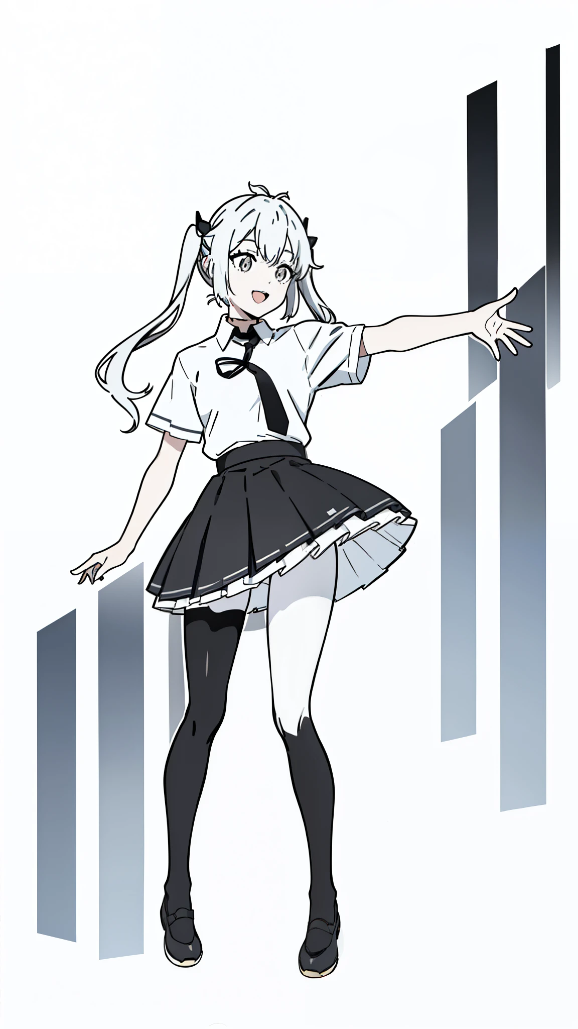 1girl,20 years old,solo,(white background,line drawing),long hair,white hair,fish ears,twintails,((white shirt,short sleeves,black standart tie,black skirt,white pantyhoses)),full body,open mouth,smile,outstretched hand